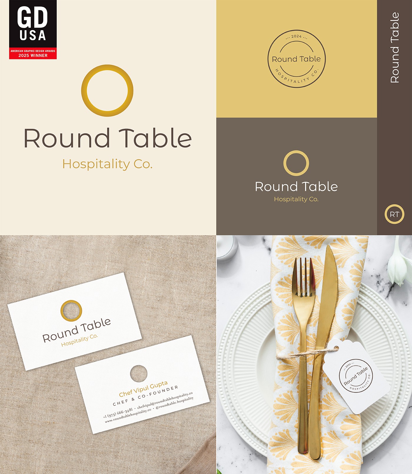 Four images of round table branding and a place setting with gold utensils on a white plate, napkin, and flowers.