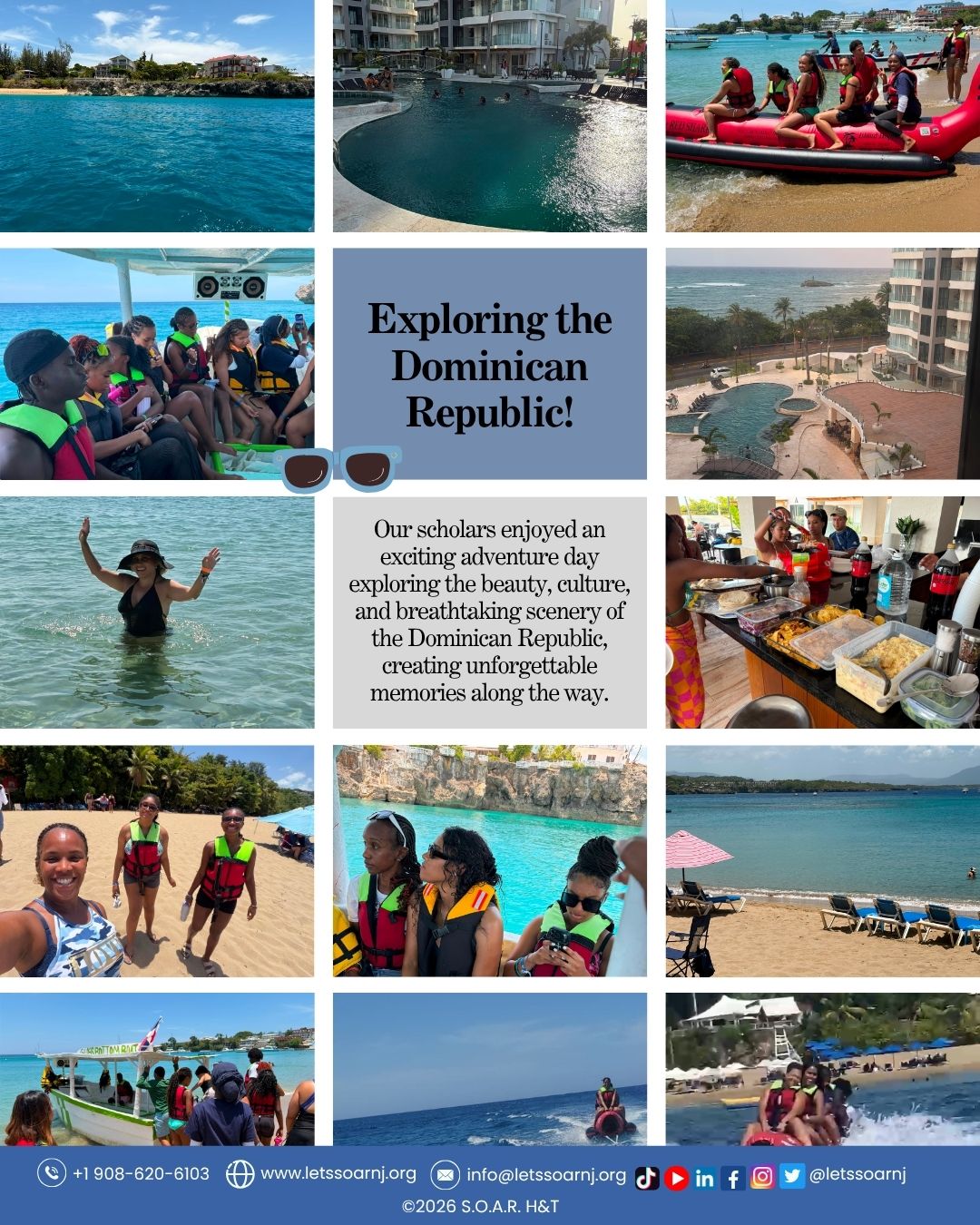 Collage of images showing pools, boat tours, children, and beaches in the Dominican Republic, with a central text box about exploring the country.