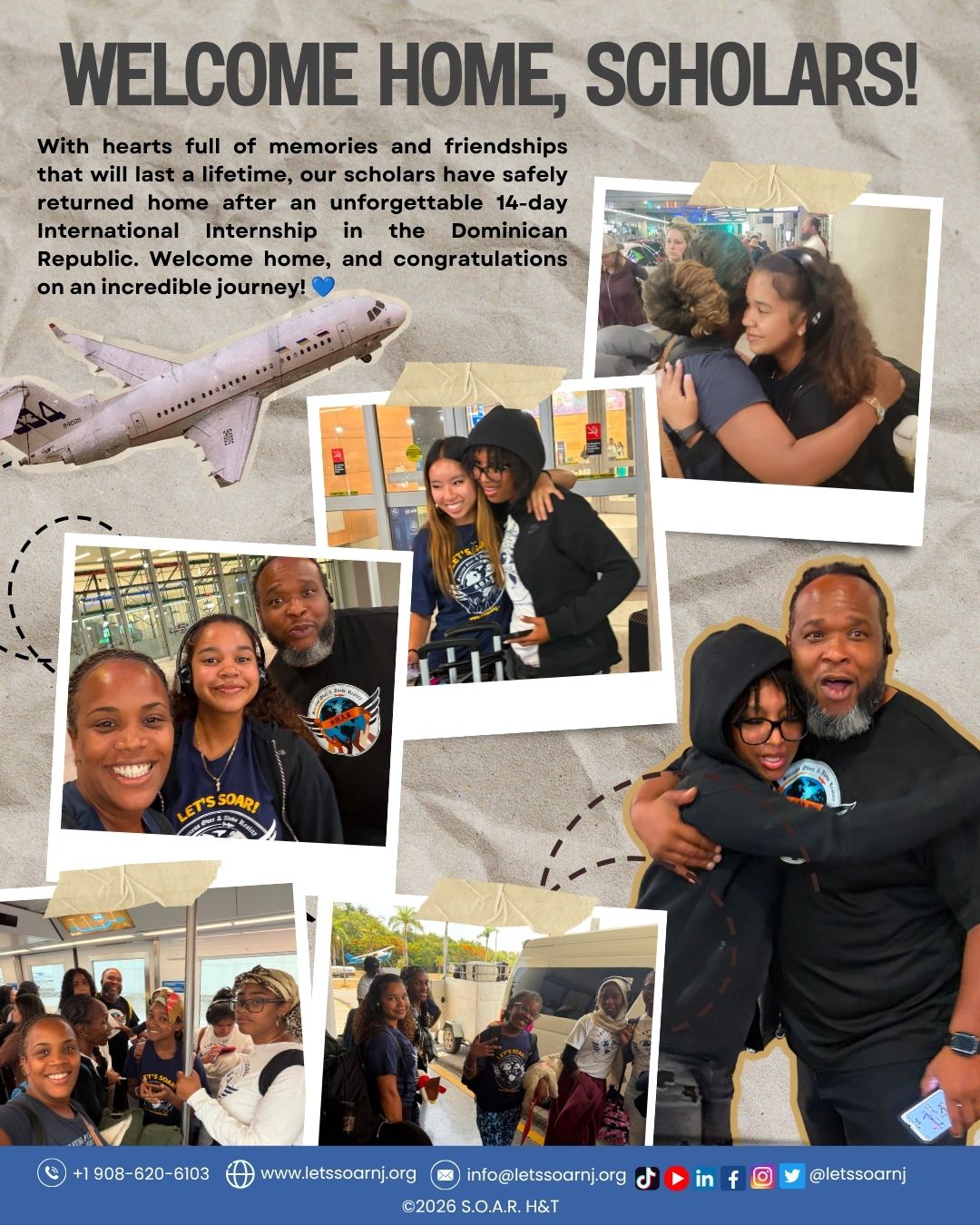 Group of people hugging and smiling, with an airplane in the background, celebrating achievements and friendships at an event.