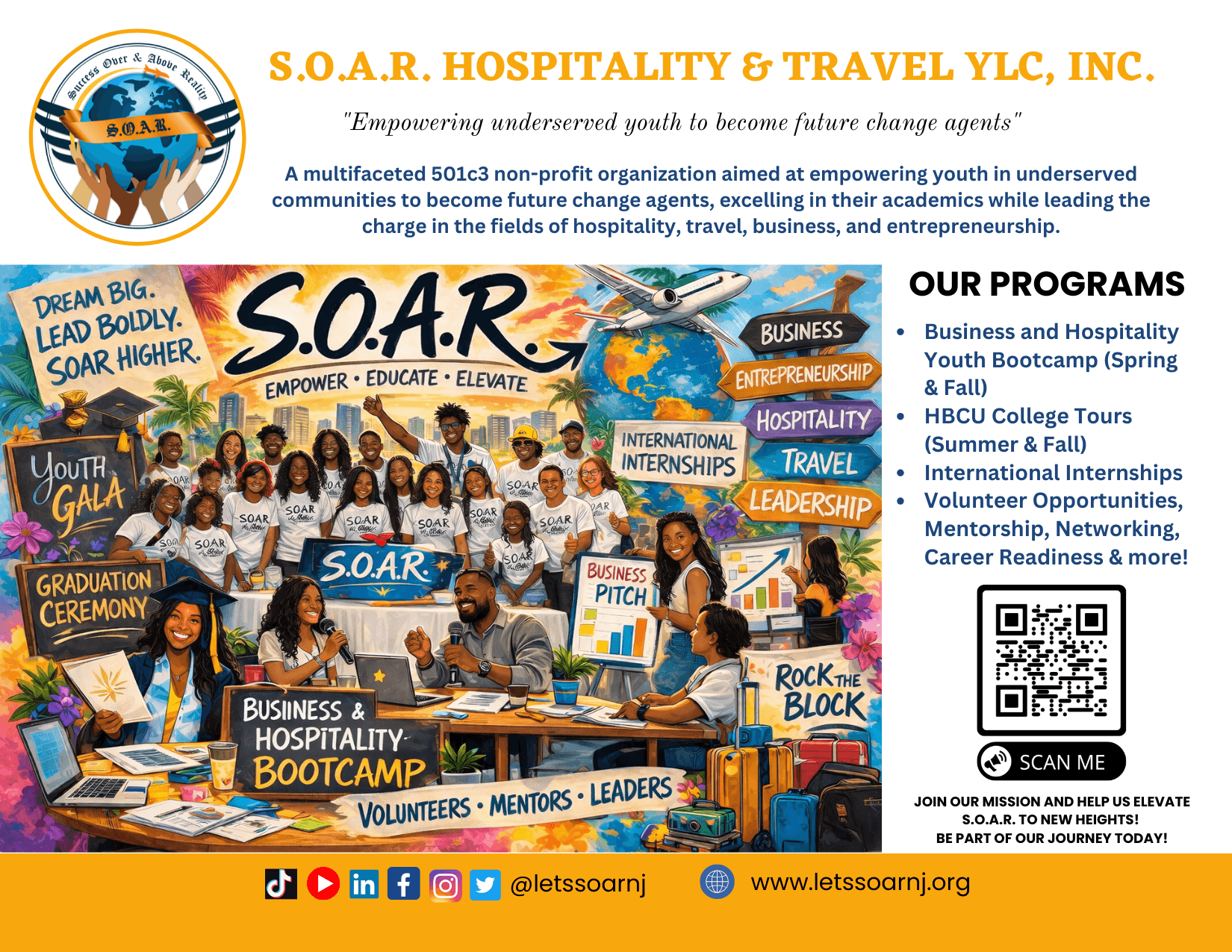 Group of people at a booth promoting S.O.A.R. program, with banners and signs about hospitality and travel programs.