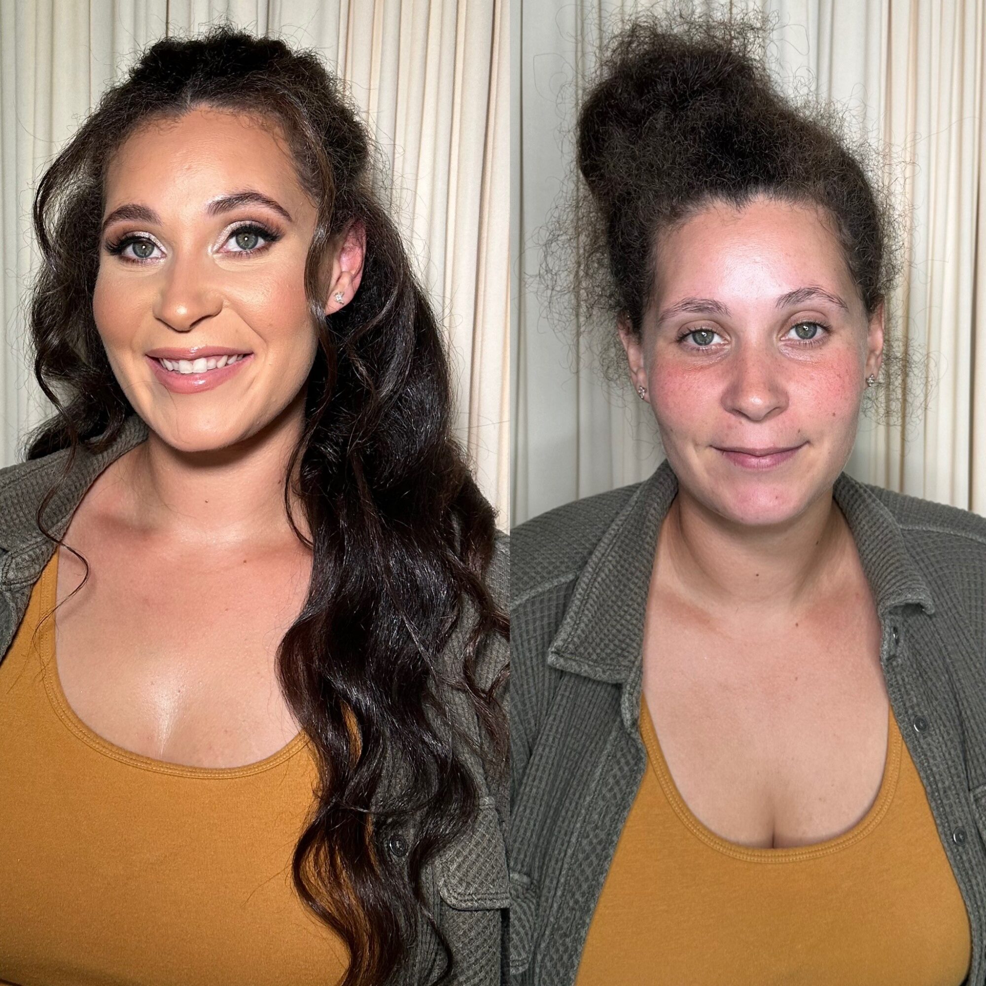Side-by-side comparison of a woman with styled hair and makeup on the left, and natural appearance on the right.