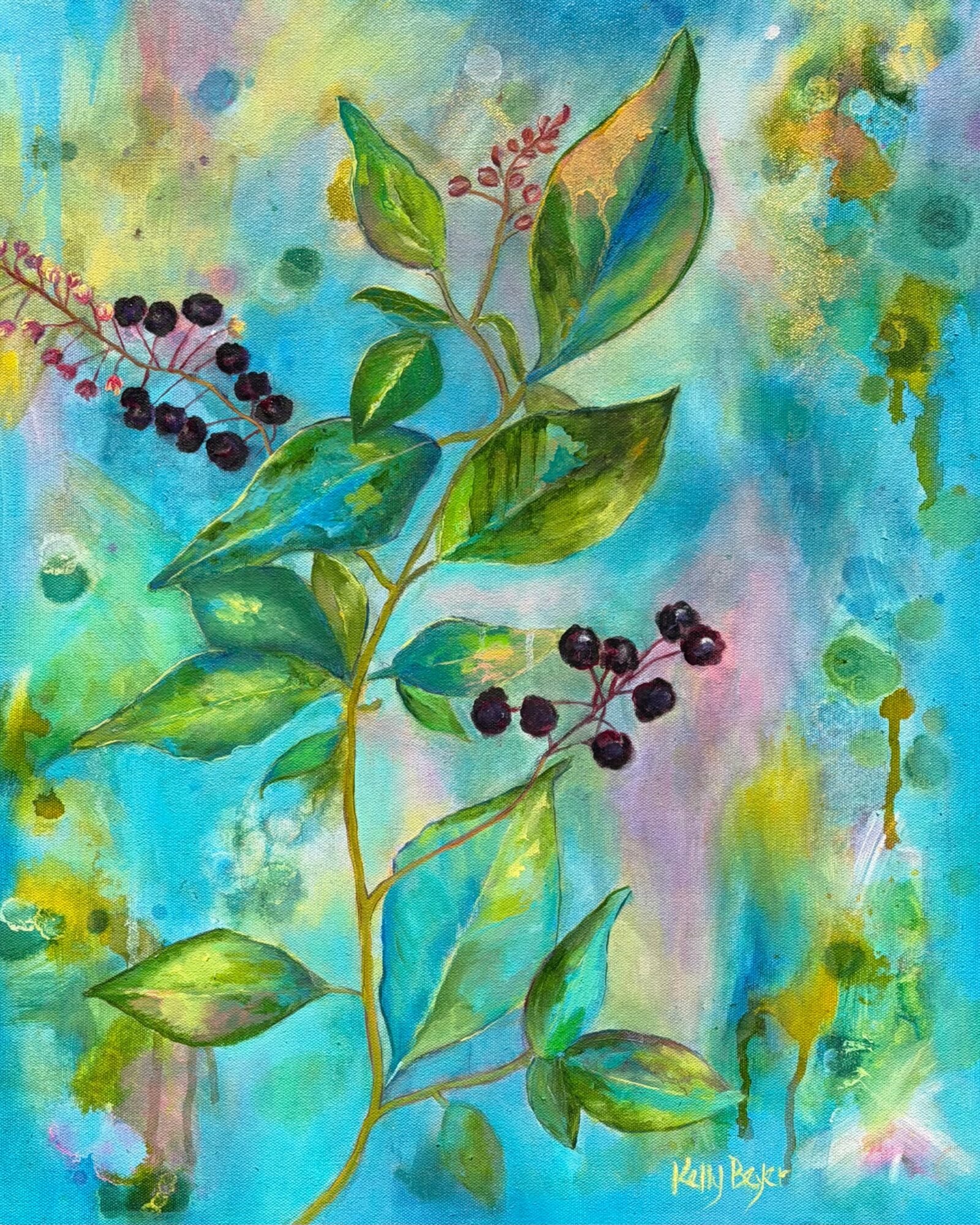 Watercolor painting of green leaves and black berries against a colorful abstract background.