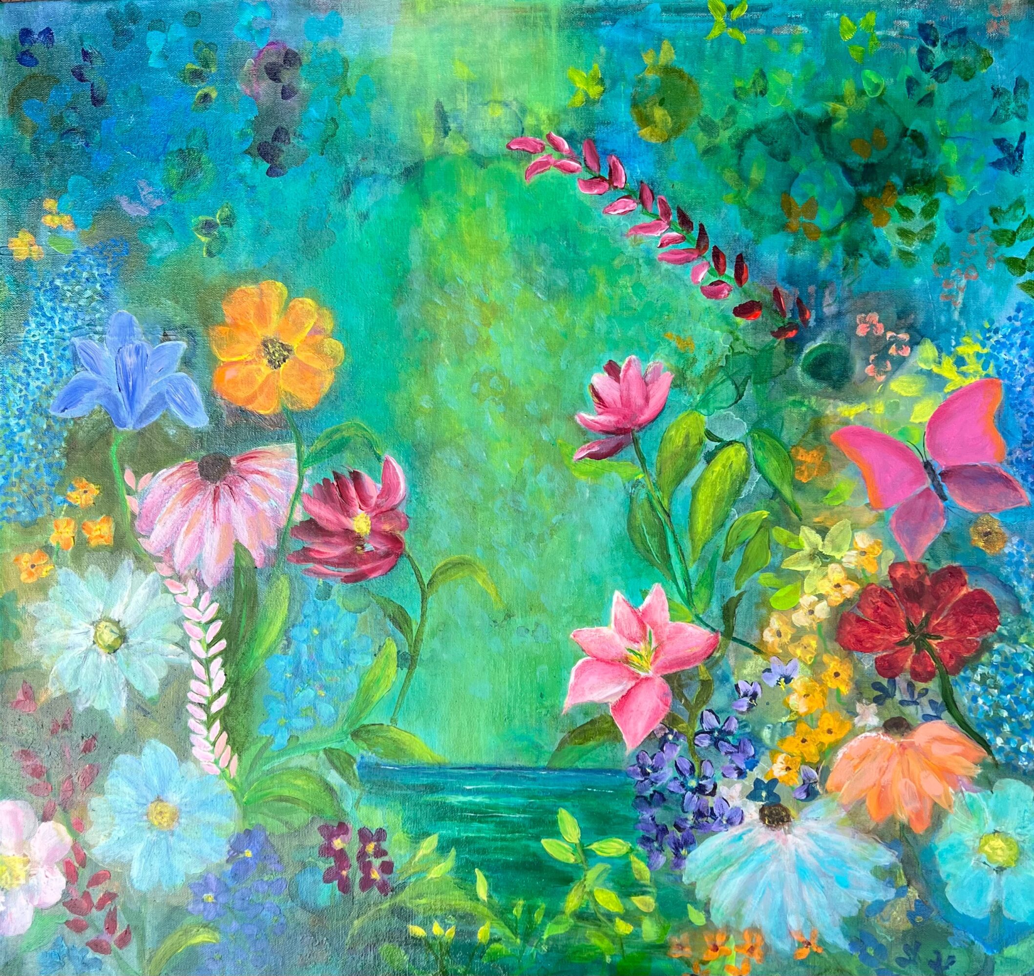 Colorful garden scene with various flowers, a butterfly, and lush greenery, painted in a vibrant, impressionistic style.