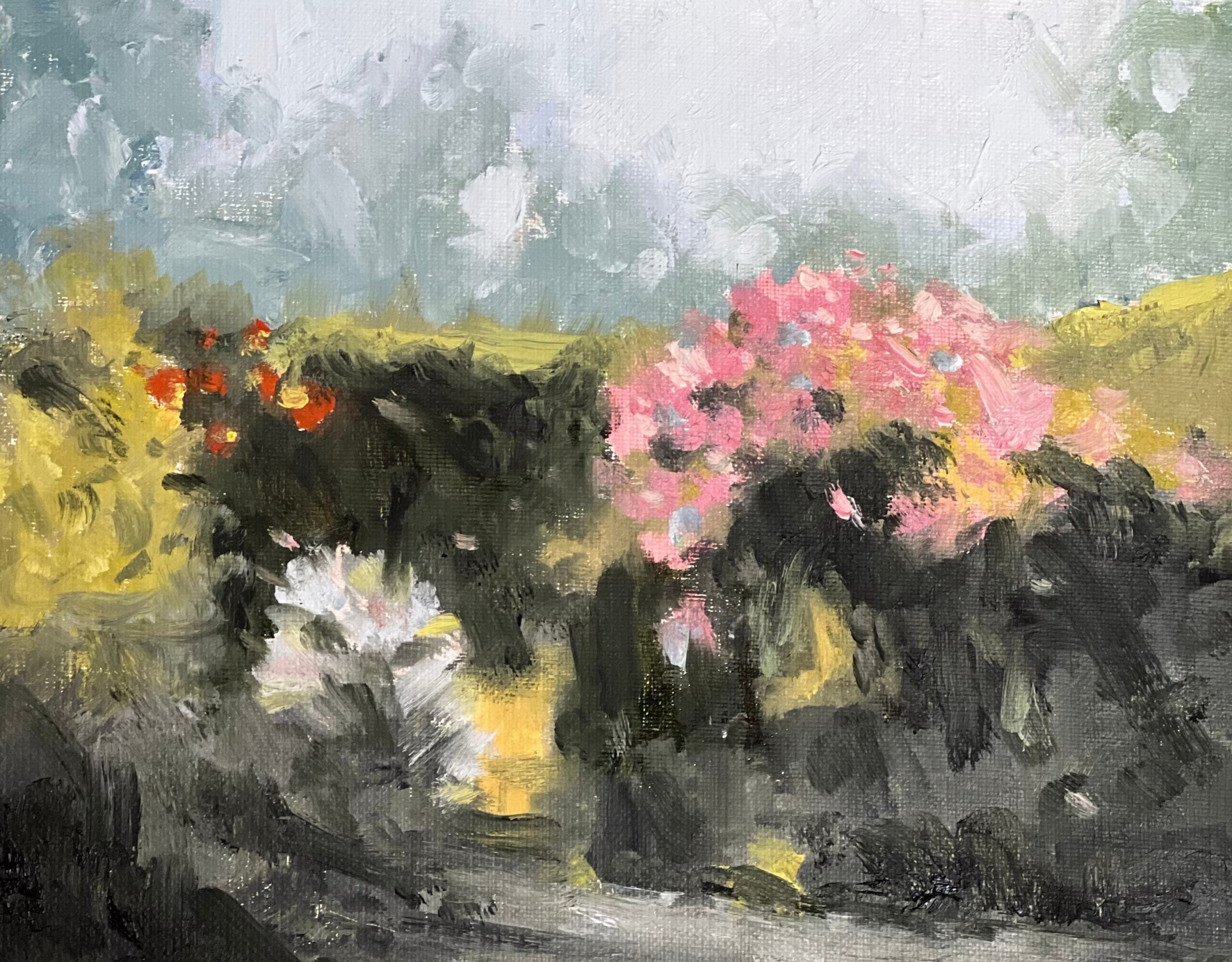 Abstract painting of colorful flowers and greenery with a cloudy sky background.