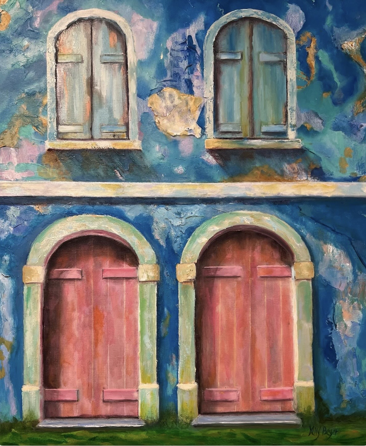 Painting of a building with four arched windows and doors, colorful textured wall, and green grass at the bottom.