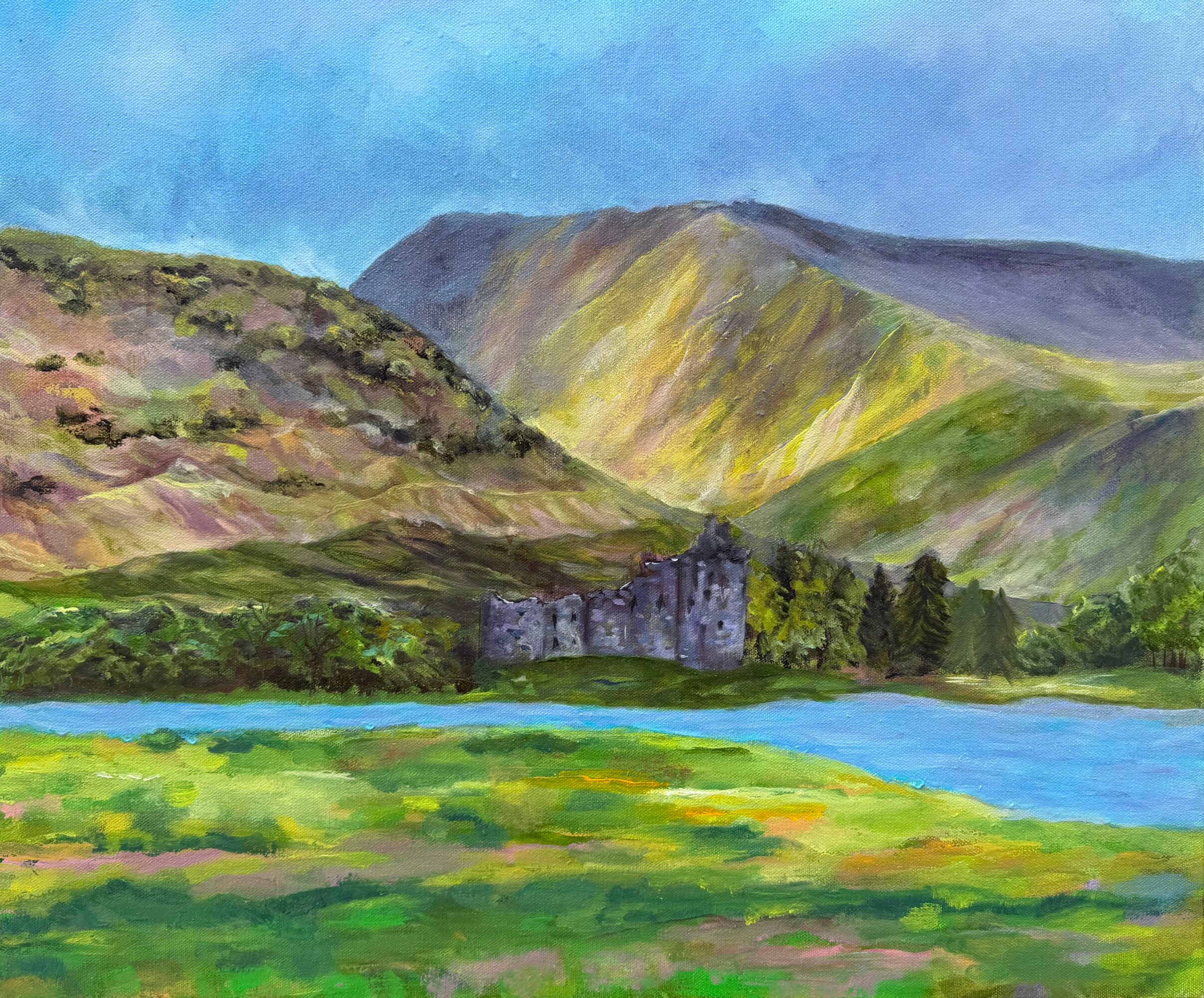 Landscape with mountains, a river, and a castle surrounded by trees, painted in vibrant colors.