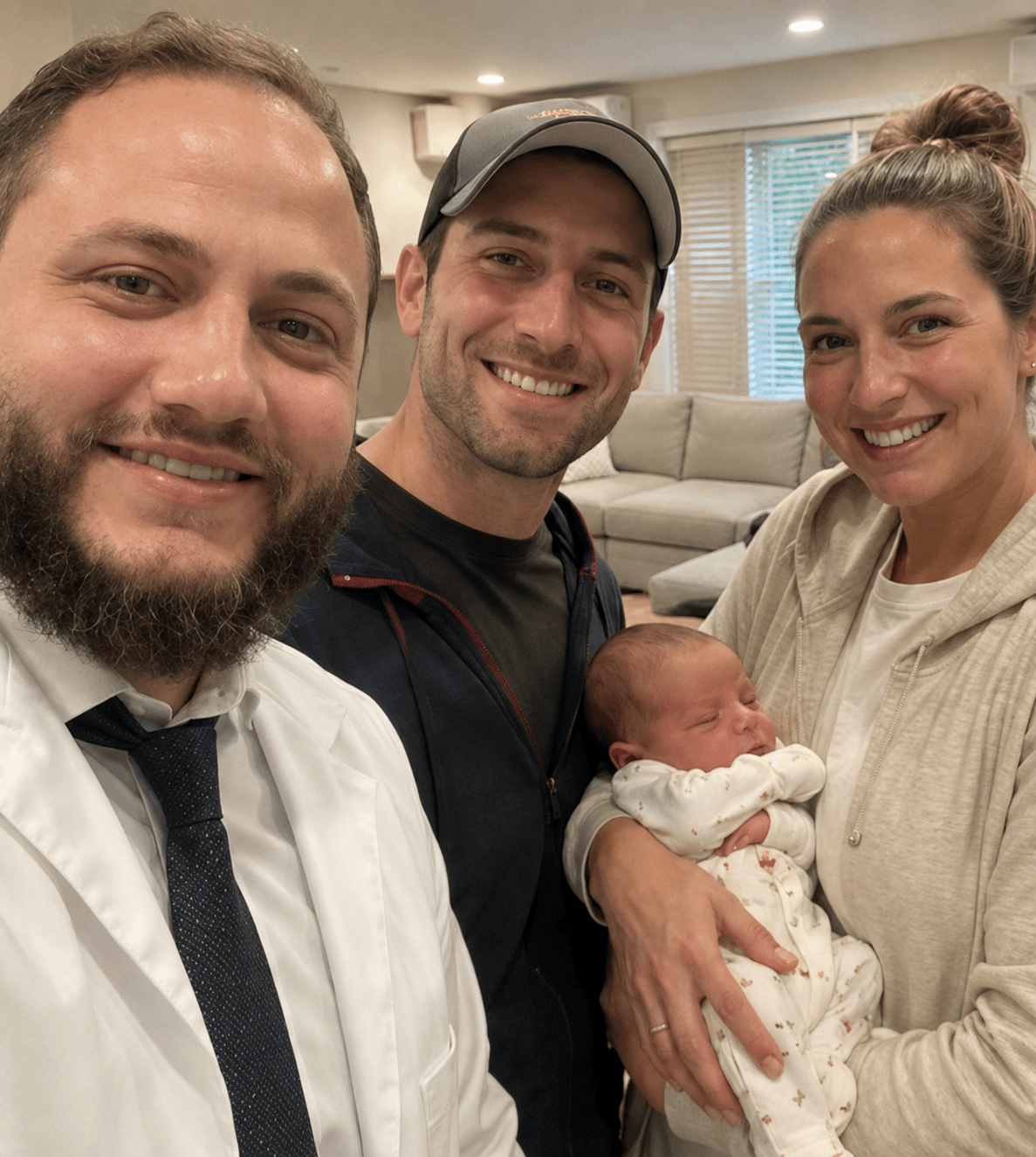 Three adults smiling, holding a newborn baby in a living room with beige furniture and windows.