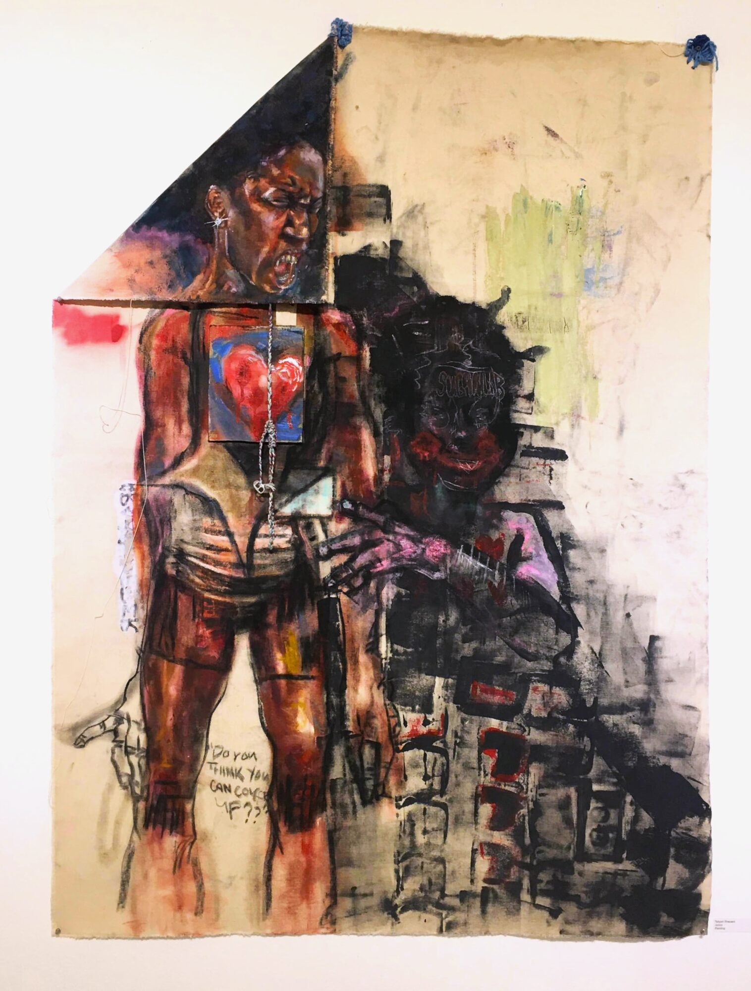 A painting of a person with a heart on their chest, standing next to a dark figure, with abstract background elements.