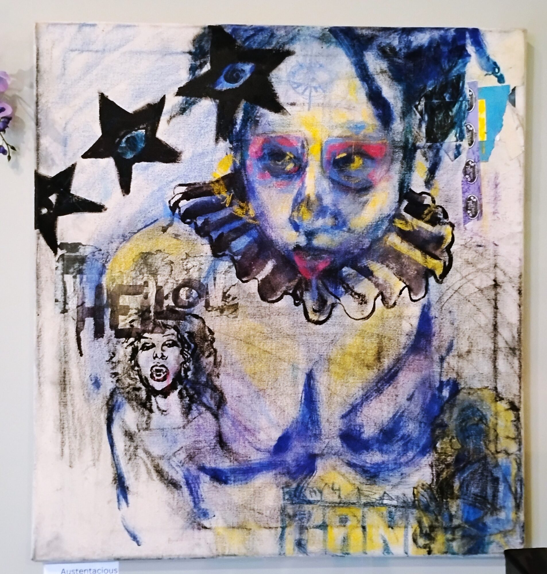 Mixed media artwork featuring a large face of a woman with colorful makeup, surrounded by smaller figures and abstract elements.