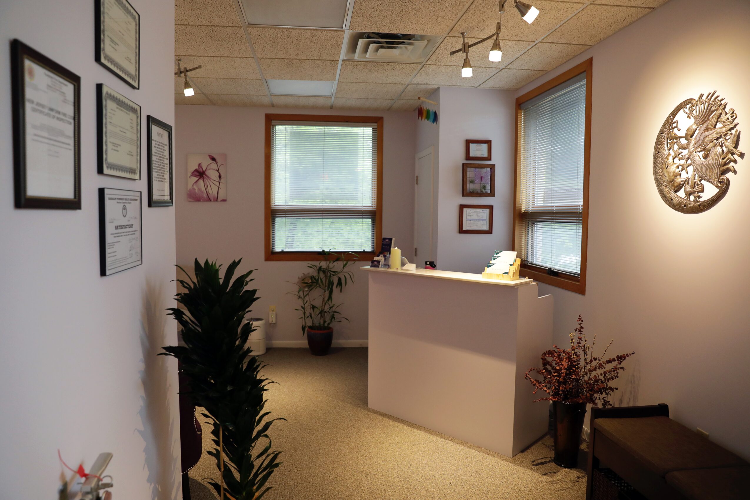 Art gallery interior with framed artworks on white walls, a white reception desk, potted plants, and decorative wall art, lit by ceiling lights.
