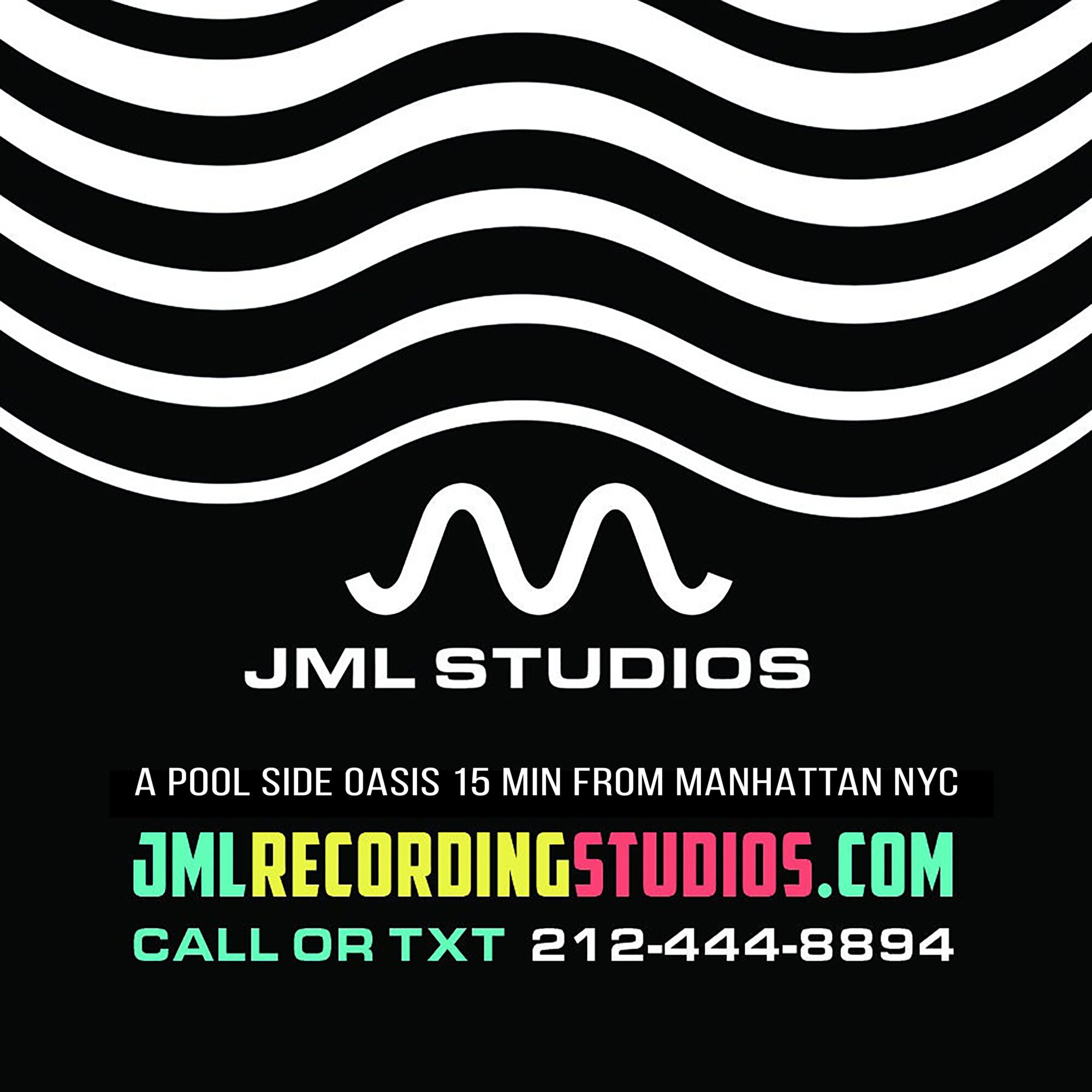 Black background with white wavy lines, text about JML Studios and recording studio contact details.