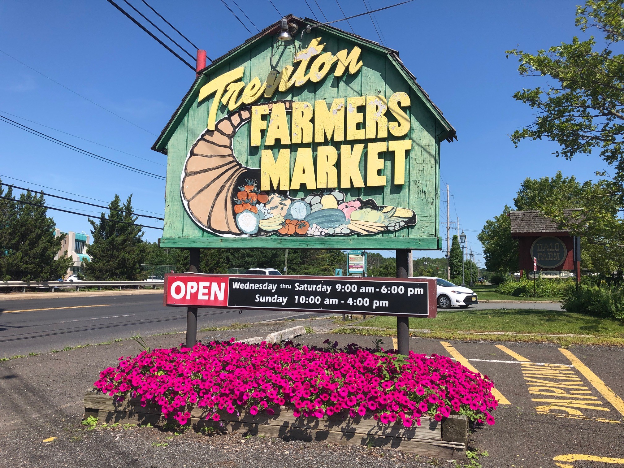 Sign for Fusion Farmers Market with open hours, surrounded by pink flowers and trees, under a blue sky.