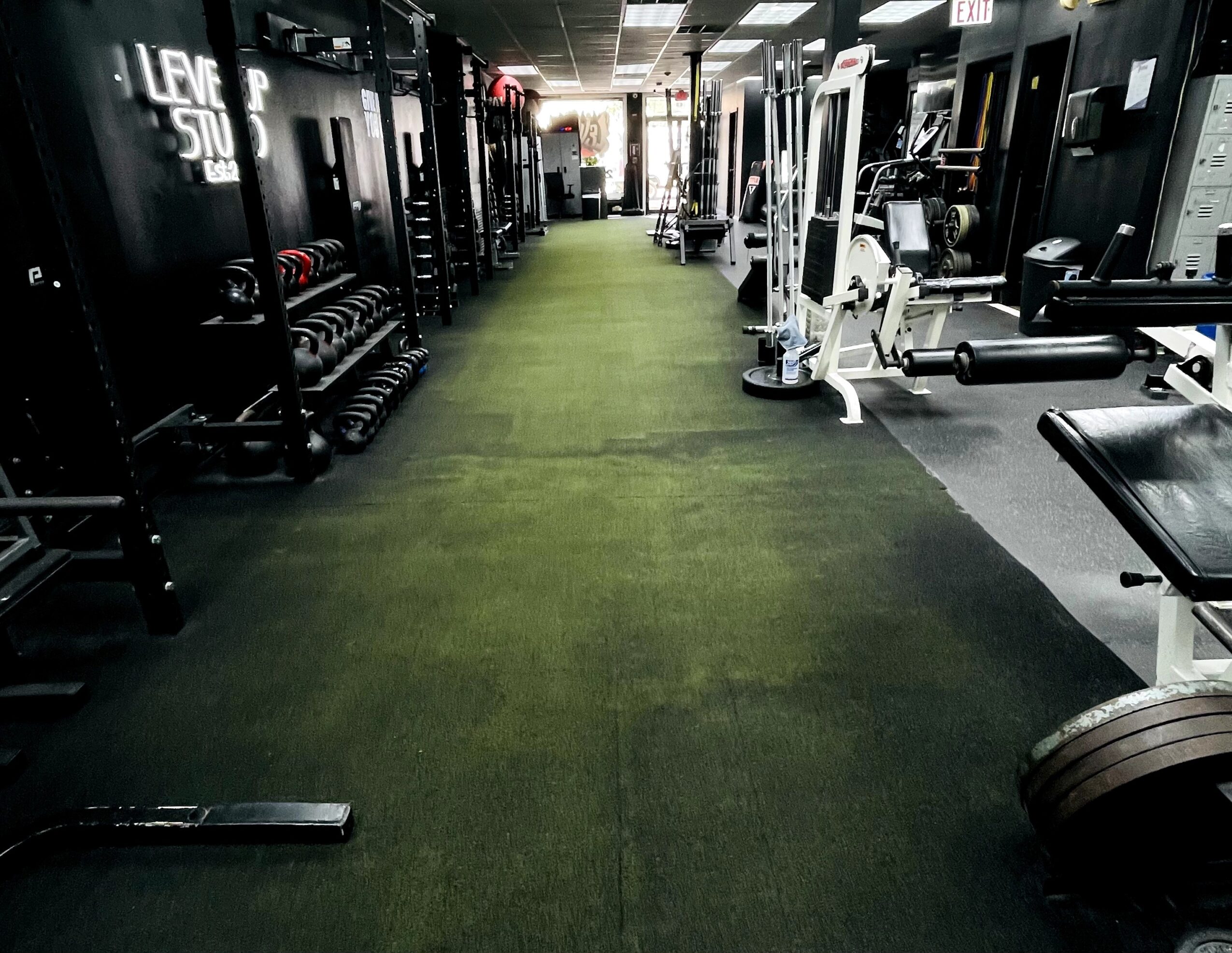 Gym interior with equipment, black walls, and green carpeted floor, illuminated by natural light from windows at the end.