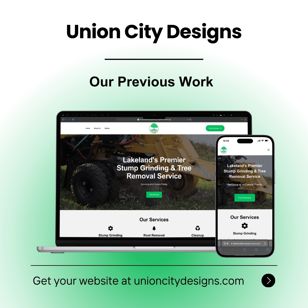 Website homepage for Union City Designs featuring text, a laptop and phone displaying landscaping services, with a green background.