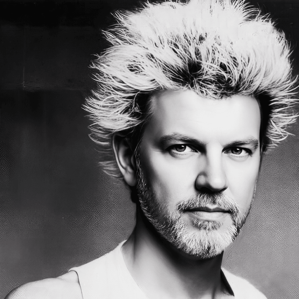 Black and white portrait of a man with spiky hair and a beard, looking directly at the camera.
