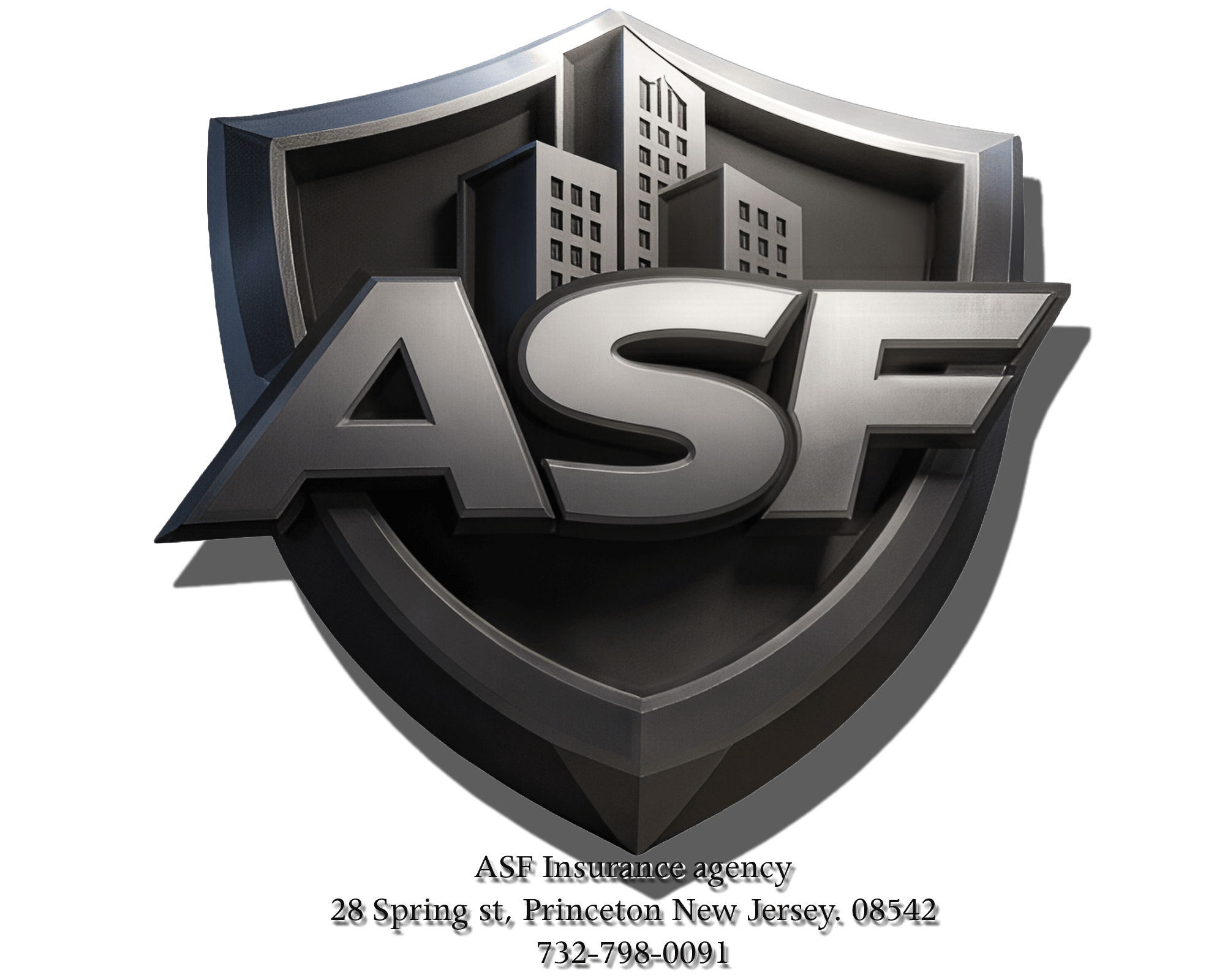 A silver and black shield logo with buildings and the letters 'ASF' in front, representing an insurance agency.