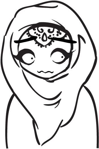 Line drawing of a girl wearing a hijab with large eyes and a small smile.