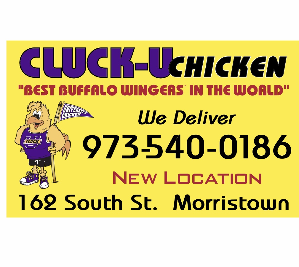 Advertisement for Cluck-U Chicken with a cartoon chicken holding a fork, contact number, and new location address.