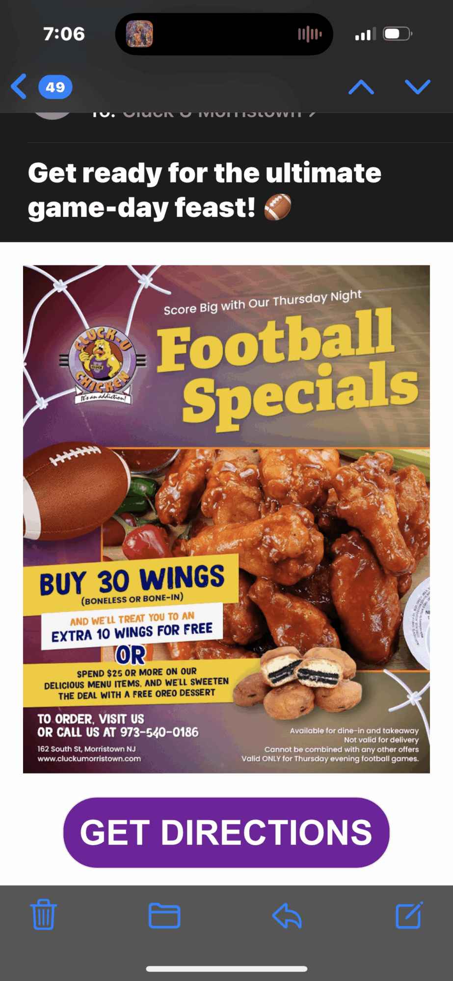Football specials advertisement with fried chicken, football, and snacks, promoting buy 30 wings and free extras, purple get directions button.