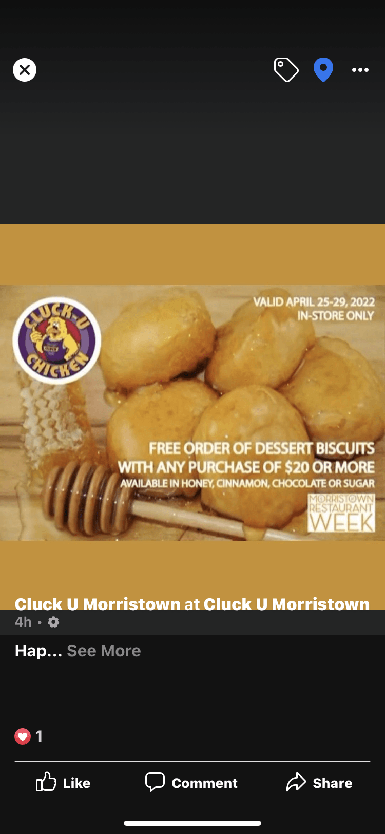 Promotional banner for Chick-fil-A featuring biscuits and a special offer, with text about free biscuits with purchase, valid until April 25, 2022.