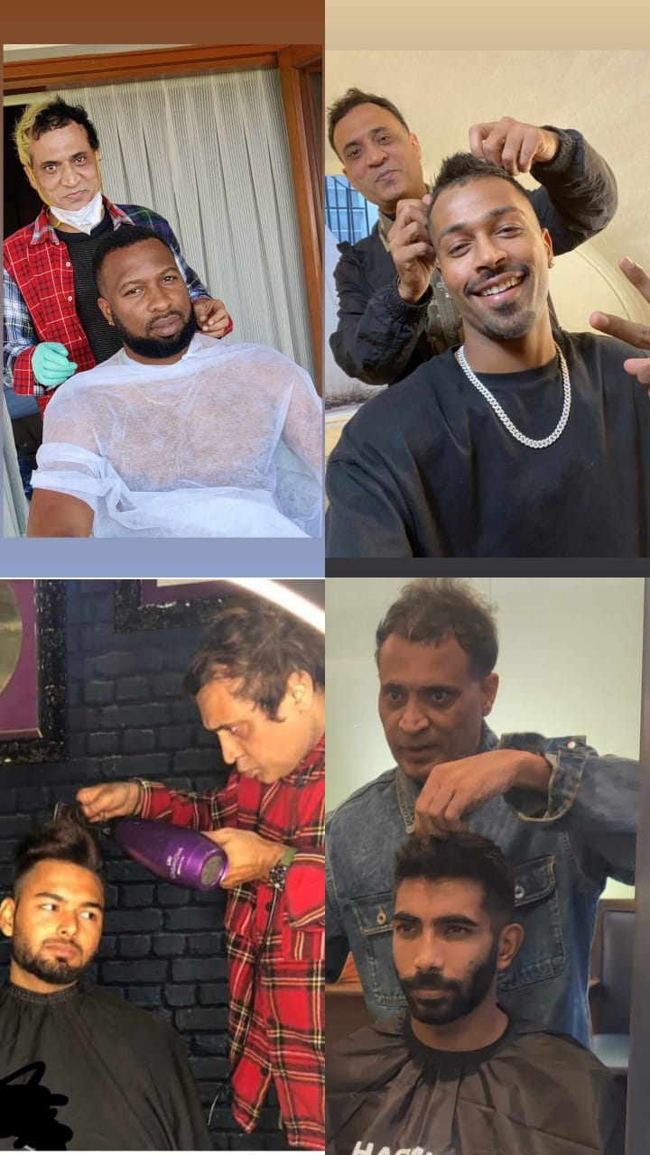Group of five men, one in a hospital gown, others smiling and posing indoors and outdoors.