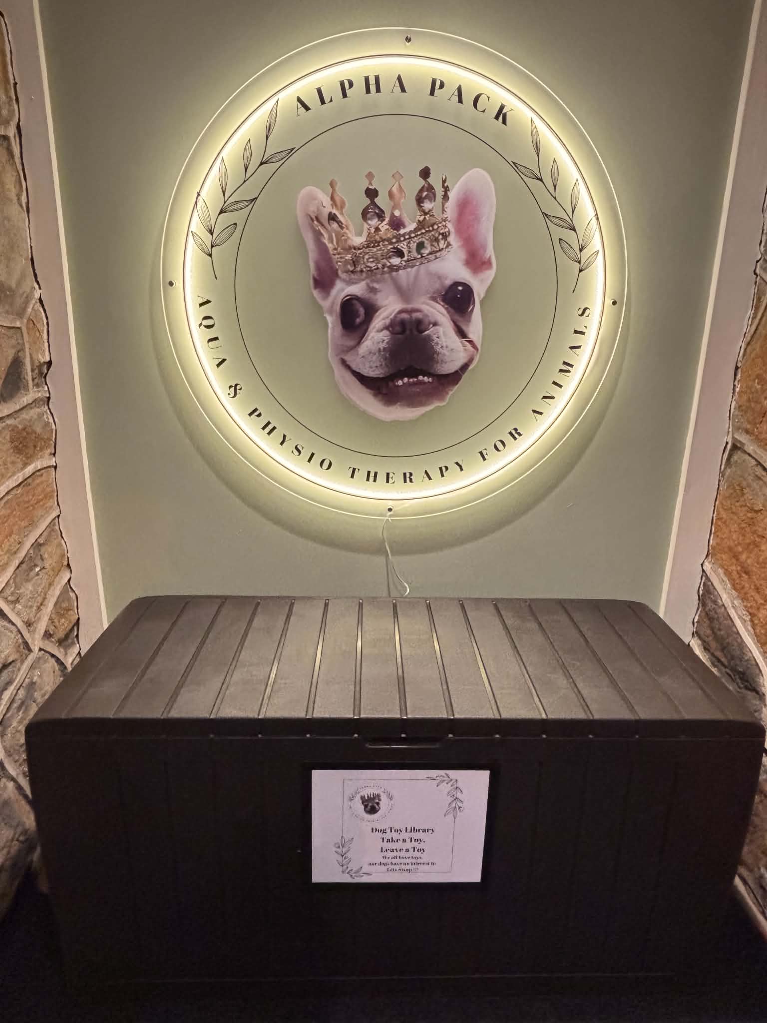 Dog with a crown, surrounded by text, illuminated circular sign, brick wall, and a black box below.