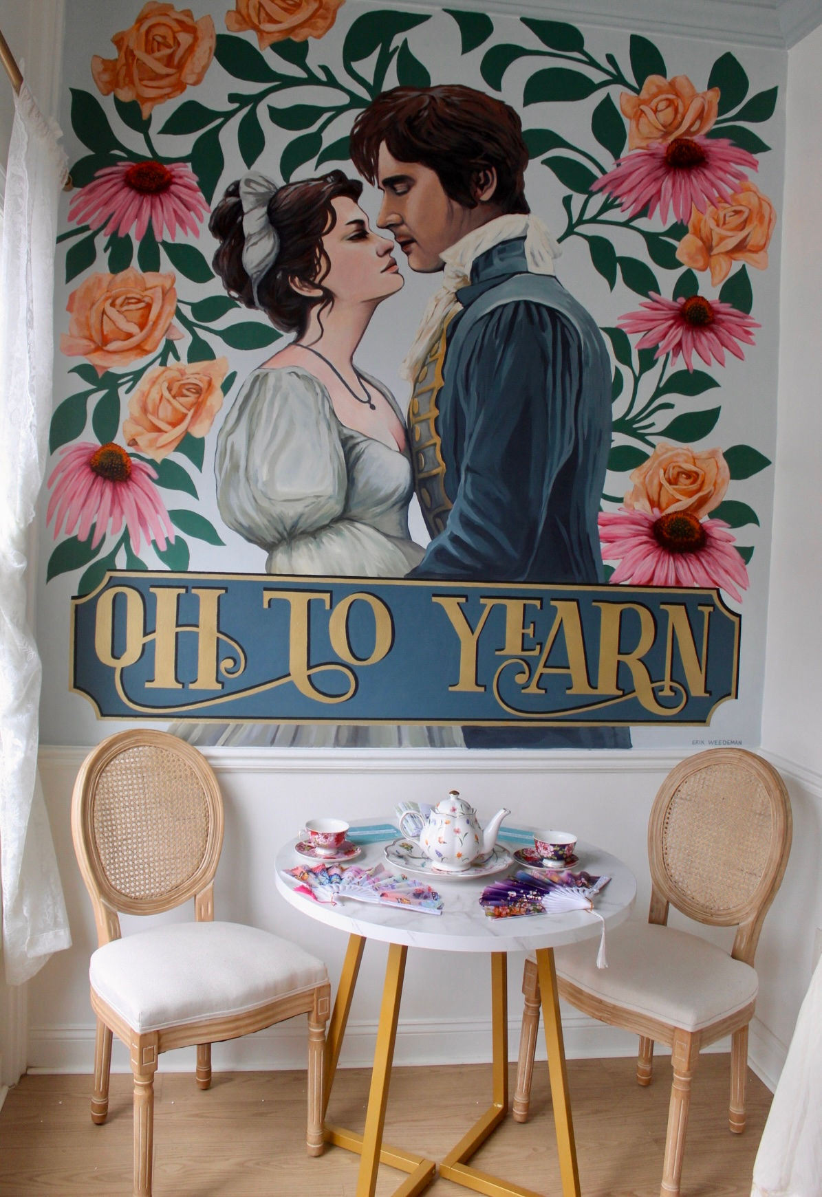 Painting of a man and woman facing each other with floral background, and text reading 