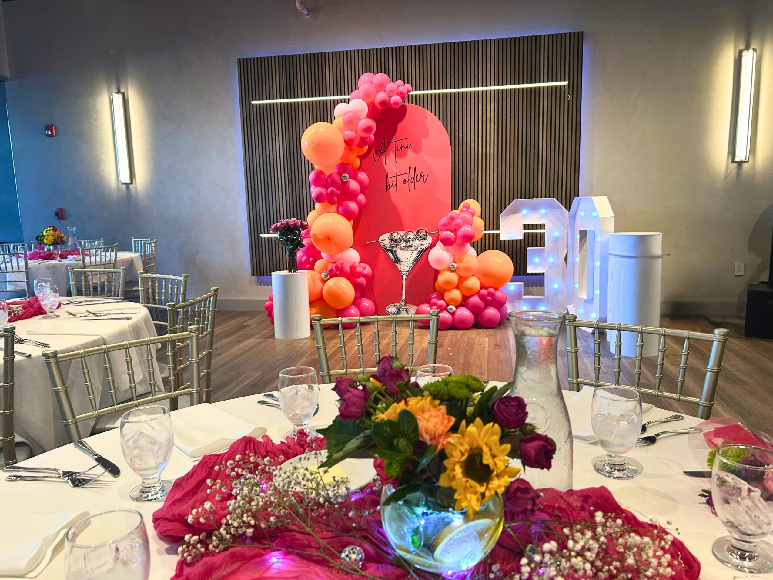 Decorated table with a floral centerpiece, balloons, and a pink backdrop with the number 30, in a banquet hall setting.