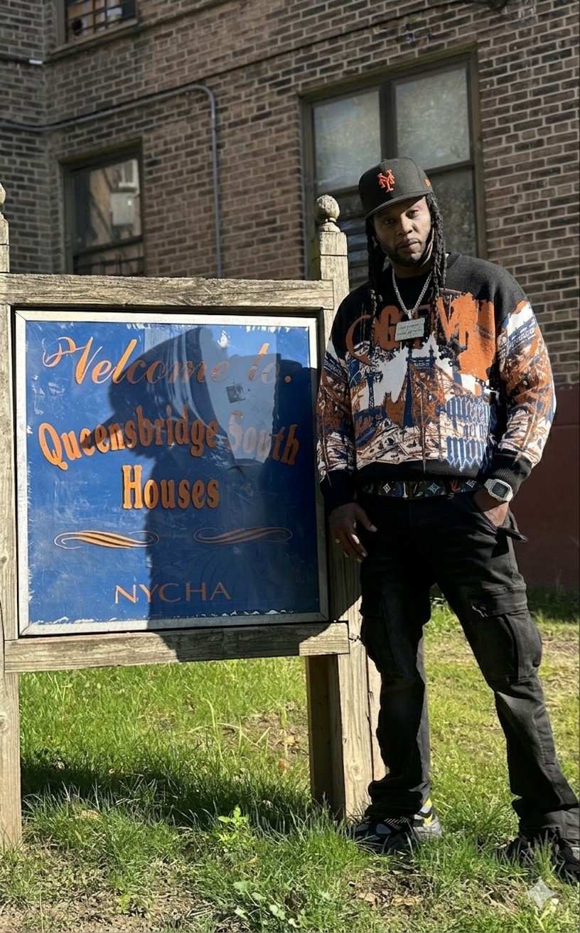 Young man standing next to a sign for Queensbridge Houses, wearing a patterned jacket, black pants, and a cap, in front of a brick building.