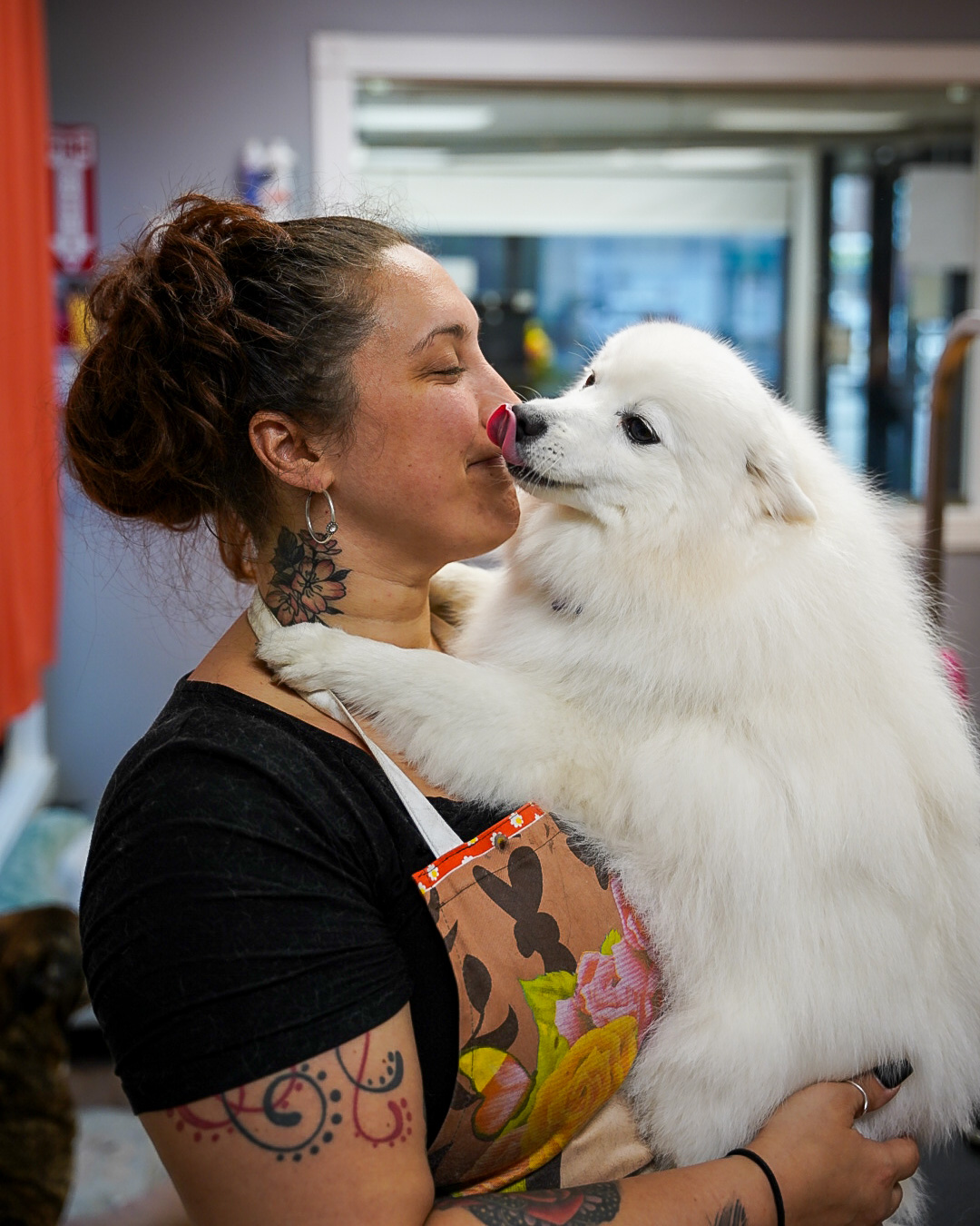 Woman with tattoos and colorful apron kisses a white fluffy dog in a pet store, background shows shelves and windows.