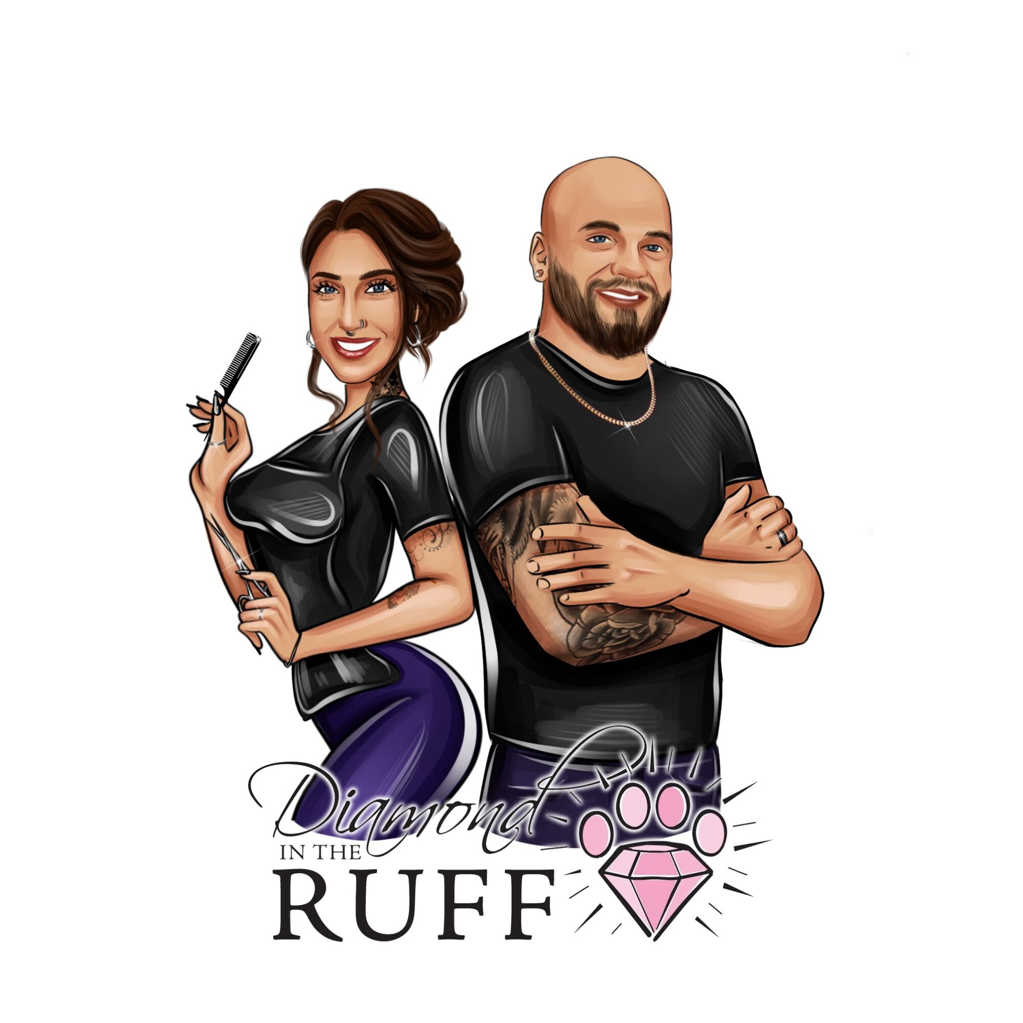 Cartoon of a woman holding a phone and a man with crossed arms, both smiling, with text and a pink diamond graphic.