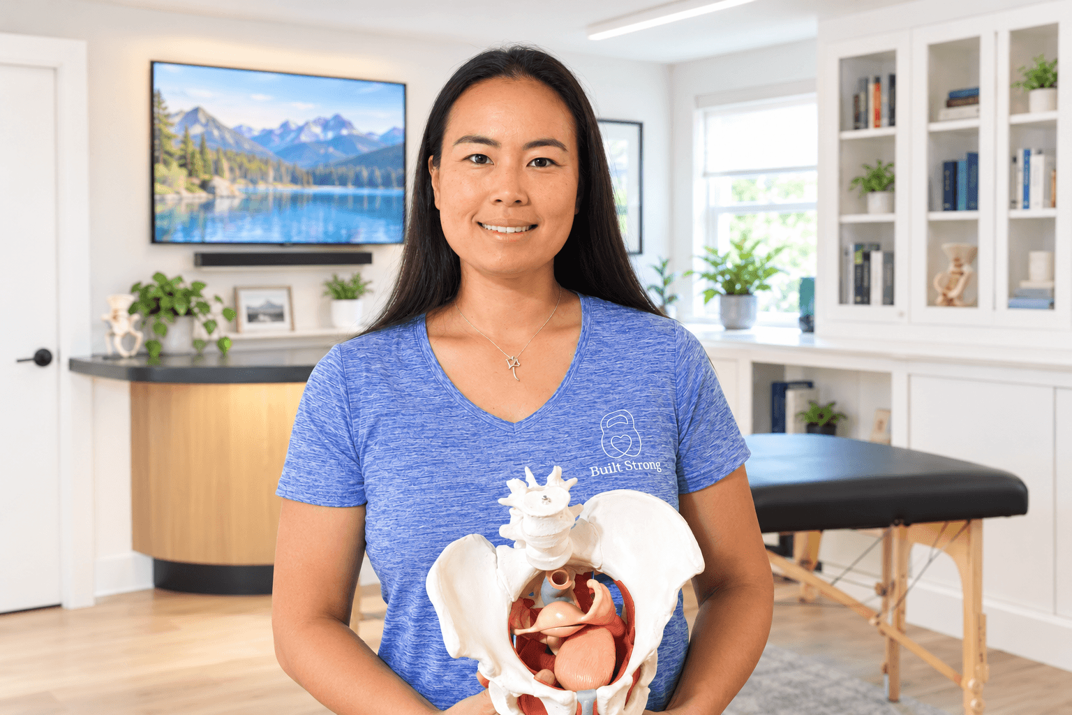 Woman in blue shirt smiling in a bright room with a TV, bookshelves, and a massage table behind her.