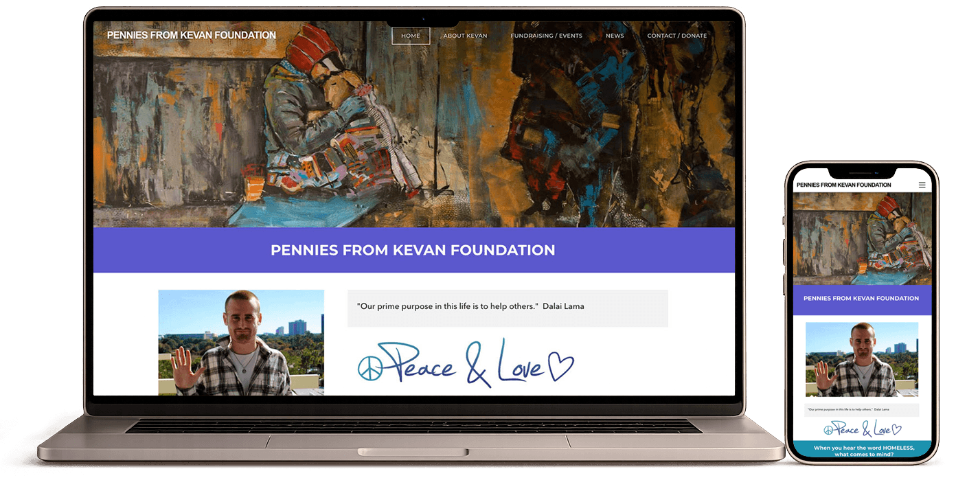Laptop and phone screens display a website with artwork, a person holding a sign, and a handwritten message reading 'Peace & Love.'