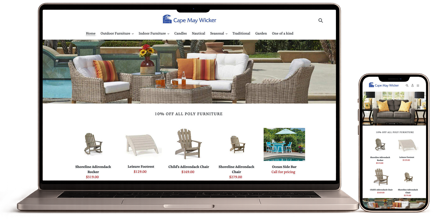 Laptop and smartphone displaying a furniture website with outdoor seating and chairs, with a pool in the background.