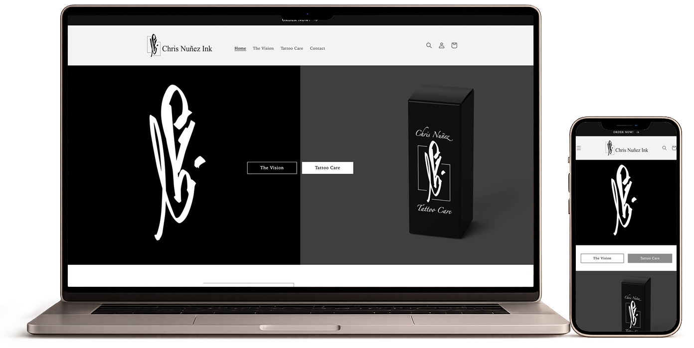 Laptop and smartphone displaying a website with a black background and a white abstract logo, and a black box with the same logo.