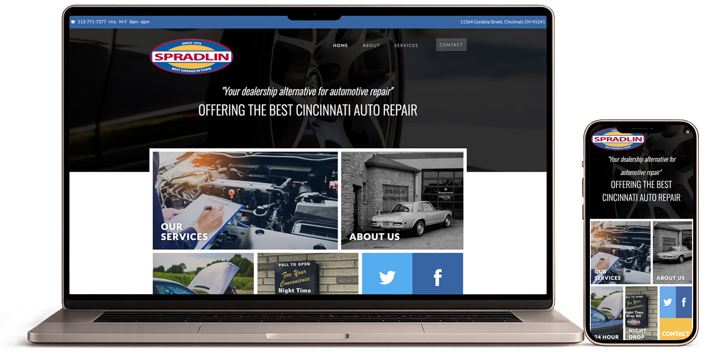 Laptop and smartphone screens display a car repair website with images of cars and repair services.