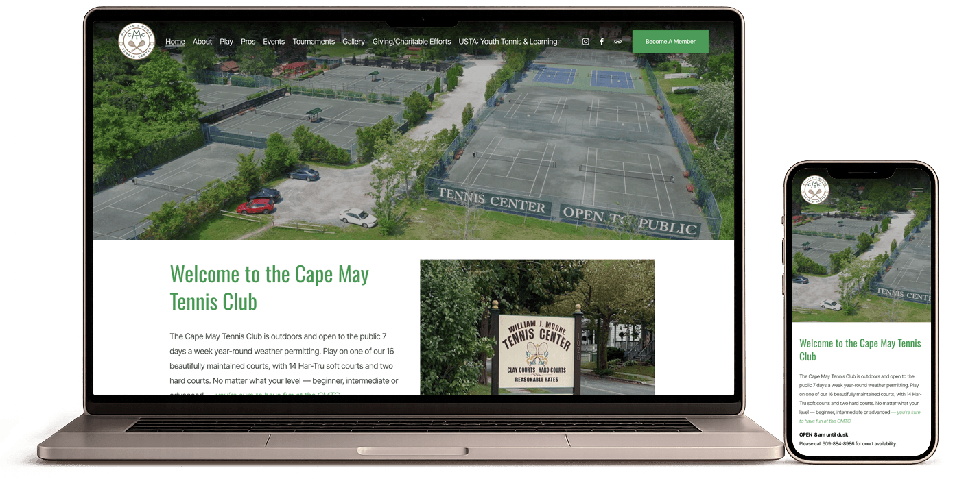 Laptop and smartphone screens displaying the Cape May Tennis Club website with outdoor tennis courts and greenery.