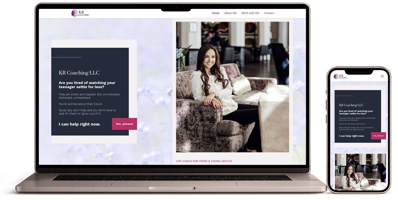 Laptop and smartphone displaying a website with a woman sitting on a sofa, text box, and navigation menu.