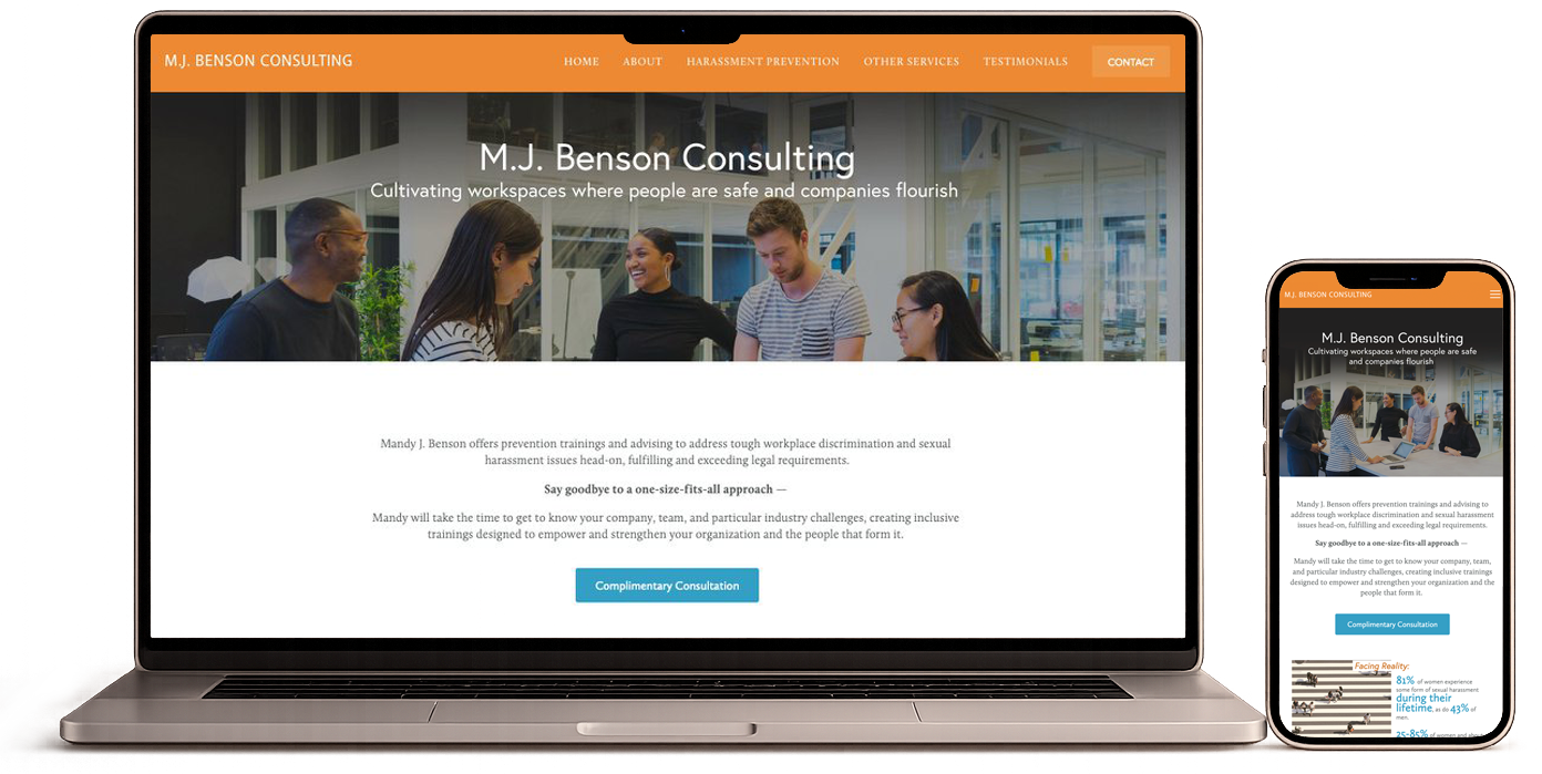 Laptop and smartphone screens display M.J. Benson Consulting website with a group of people in a meeting room.