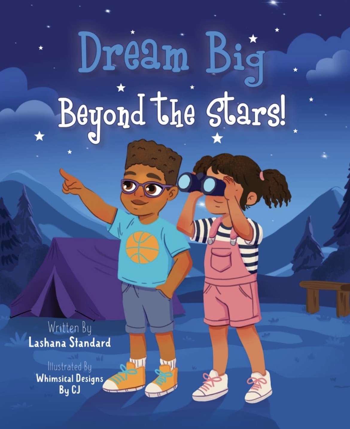 Two children outdoors at night, one pointing at stars, the other looking through binoculars, with mountains and tents in background.