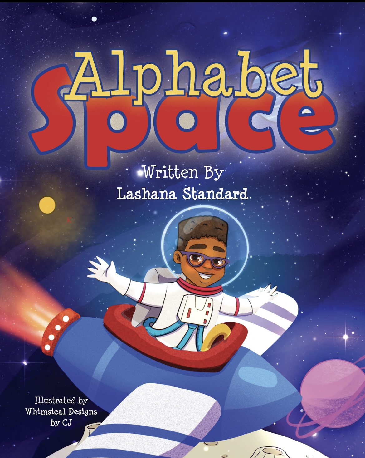 Cover of a children's book titled 'Alphabet Space' showing a smiling child in a space suit riding a rocket in space with planets and stars.