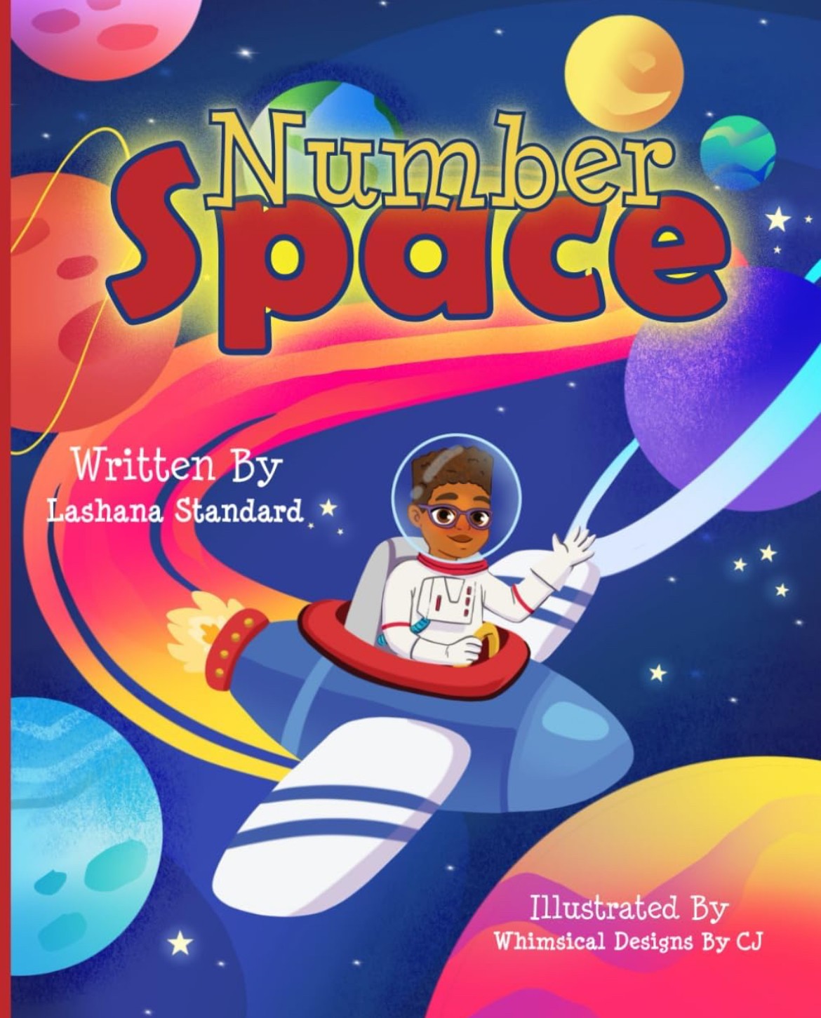 Book cover titled 'Number Space' featuring a person in a spaceship flying through colorful planets and stars in space.