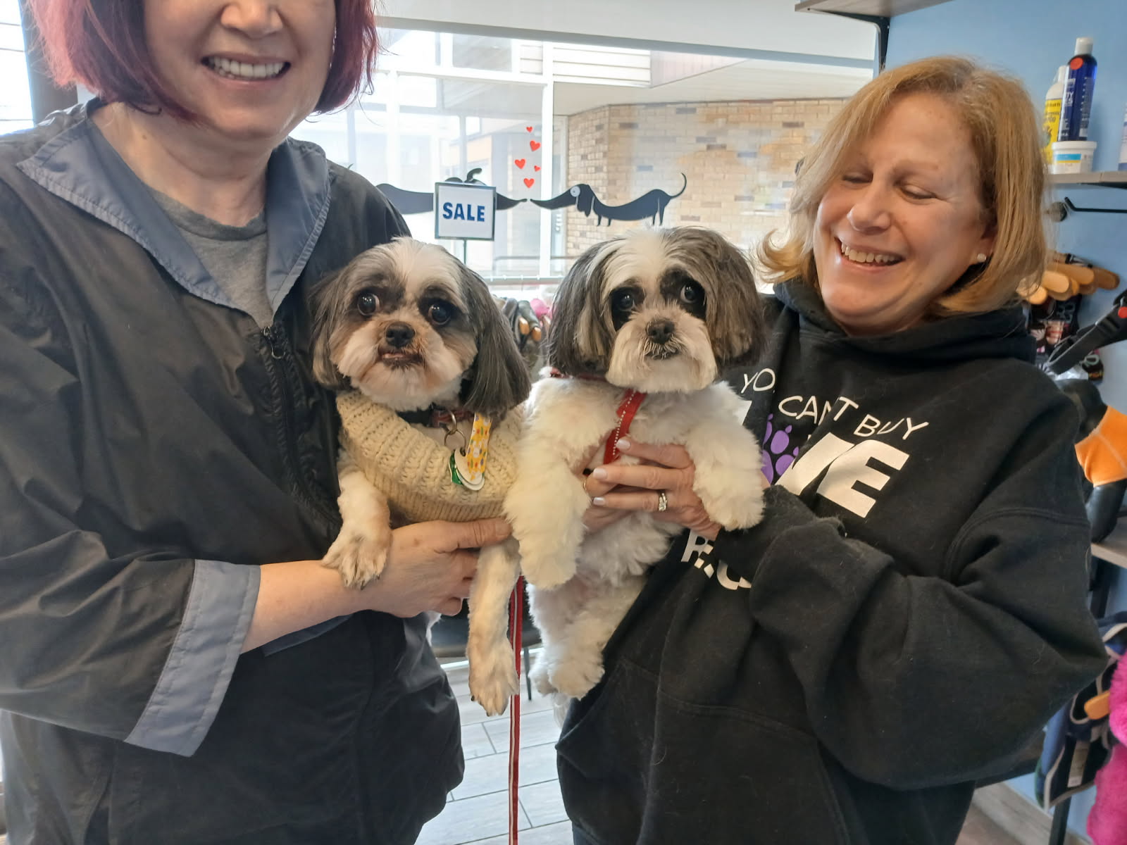 Two women holding small dogs indoors, smiling and looking at each other, with a store background.