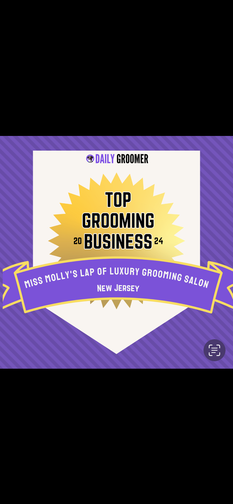 Award badge with text about top grooming business, purple background, and ribbon banner, with additional text and logo.