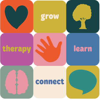 Nine colorful squares with icons and words: heart, grow, tree, therapy, hand, learn, brain, connect, speech bubble.