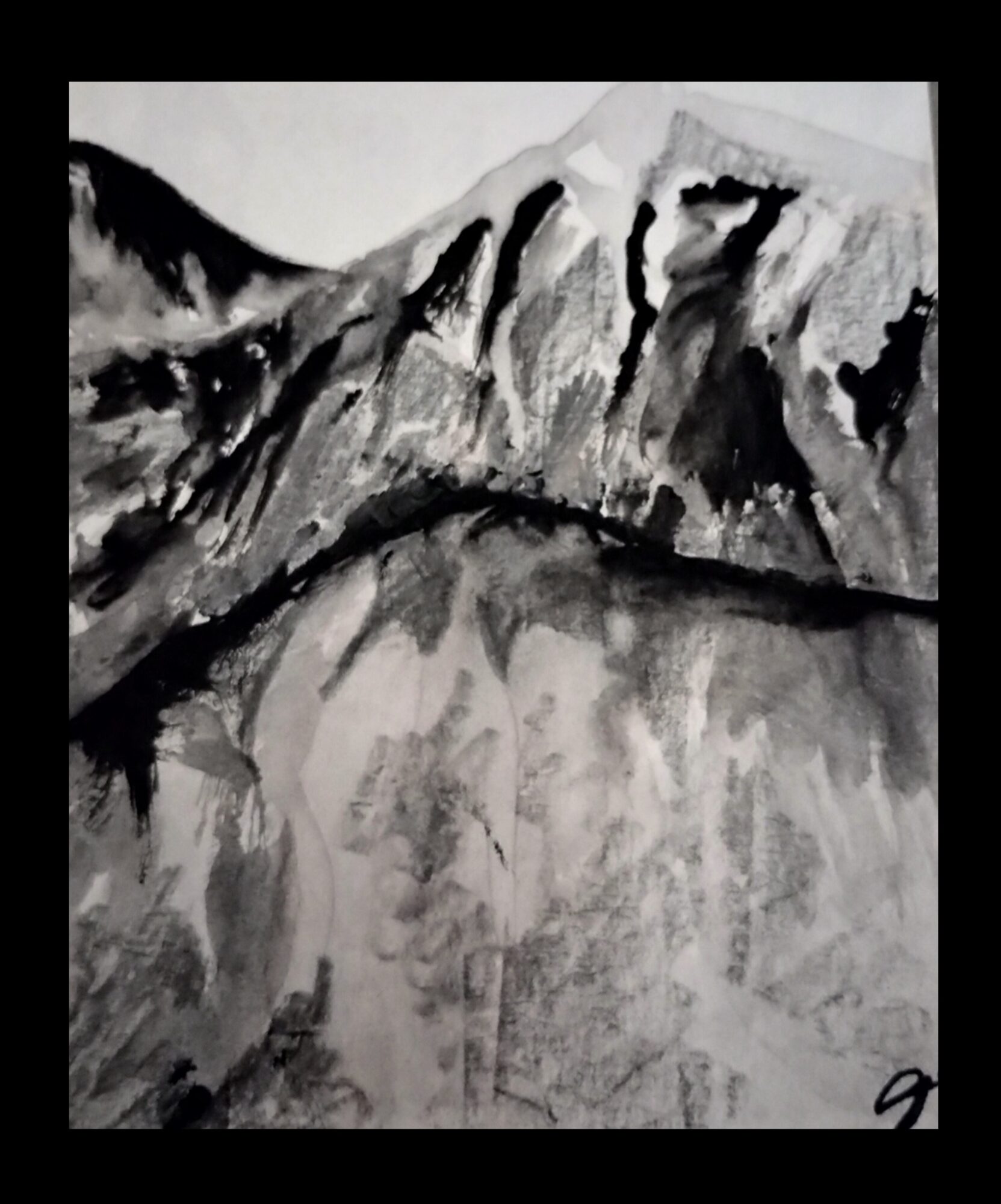 Black and white painting of mountains reflected in a body of water, with a small boat in the foreground.