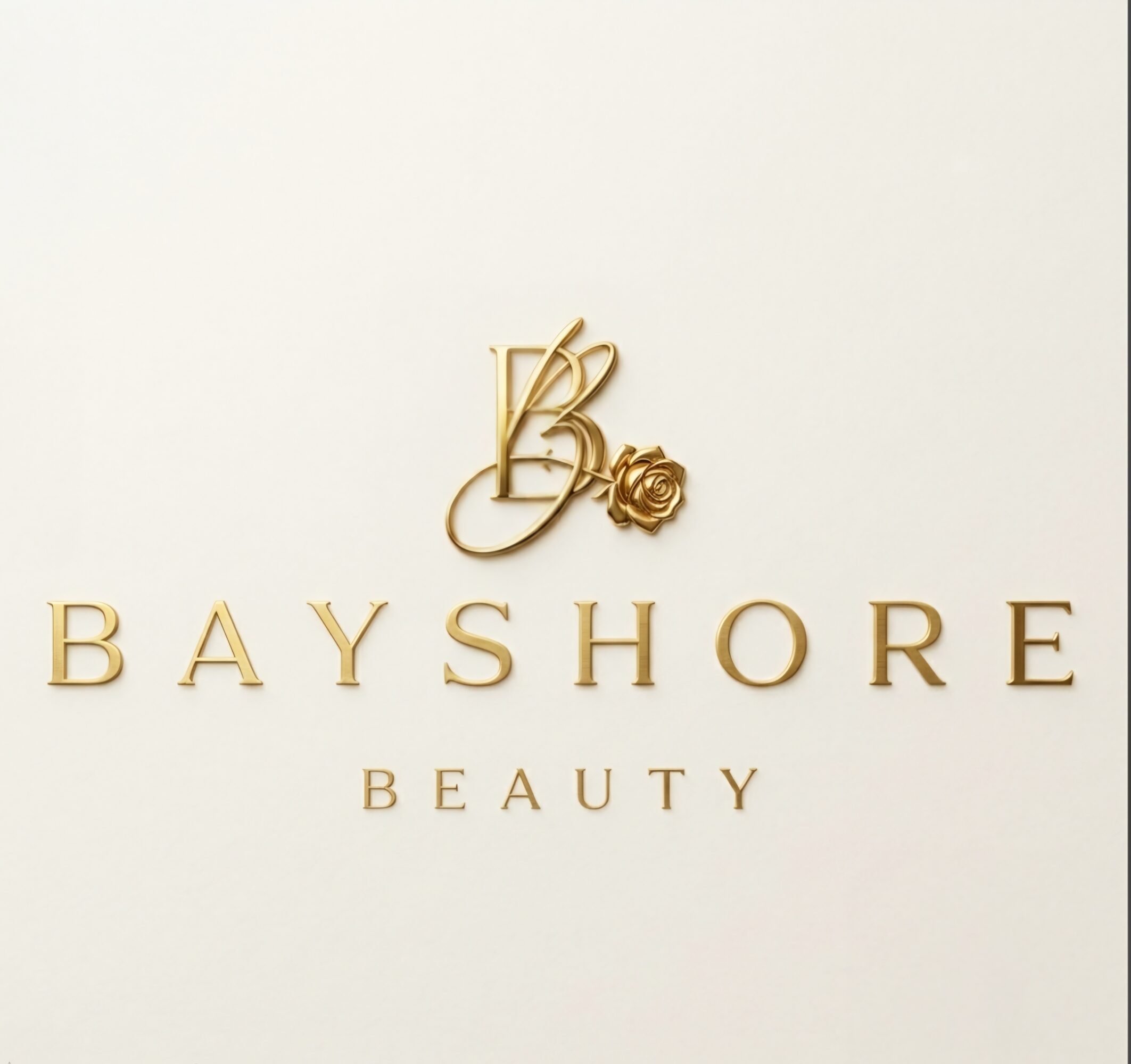Logo with gold initials 'B' and a rose, 'BAYSHORE BEAUTY' written below, on a white background.