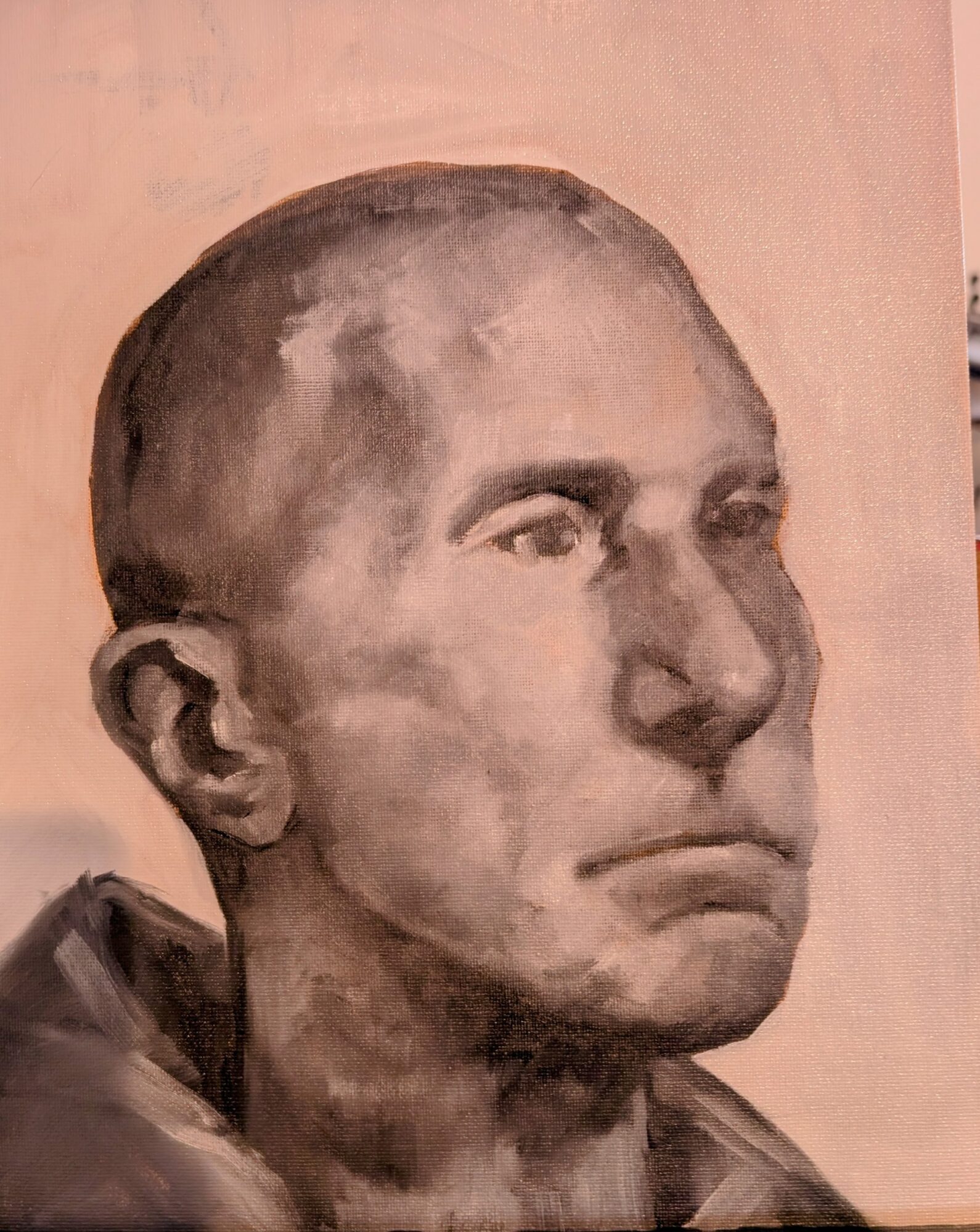 Portrait of a man with short hair, serious expression, painted in grayscale, facing right.
