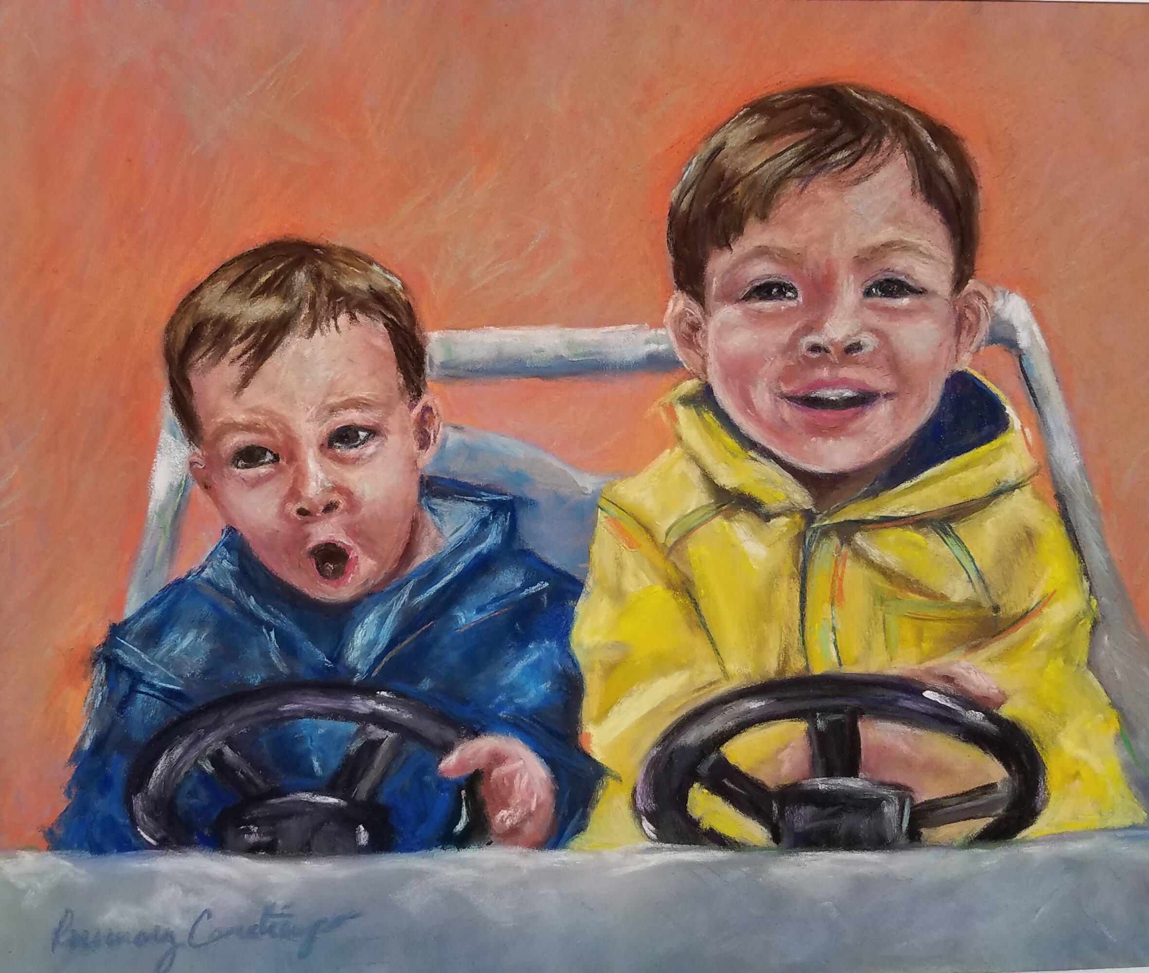 Two children sit in a vehicle, one in a blue jacket and the other in a yellow jacket, both smiling.
