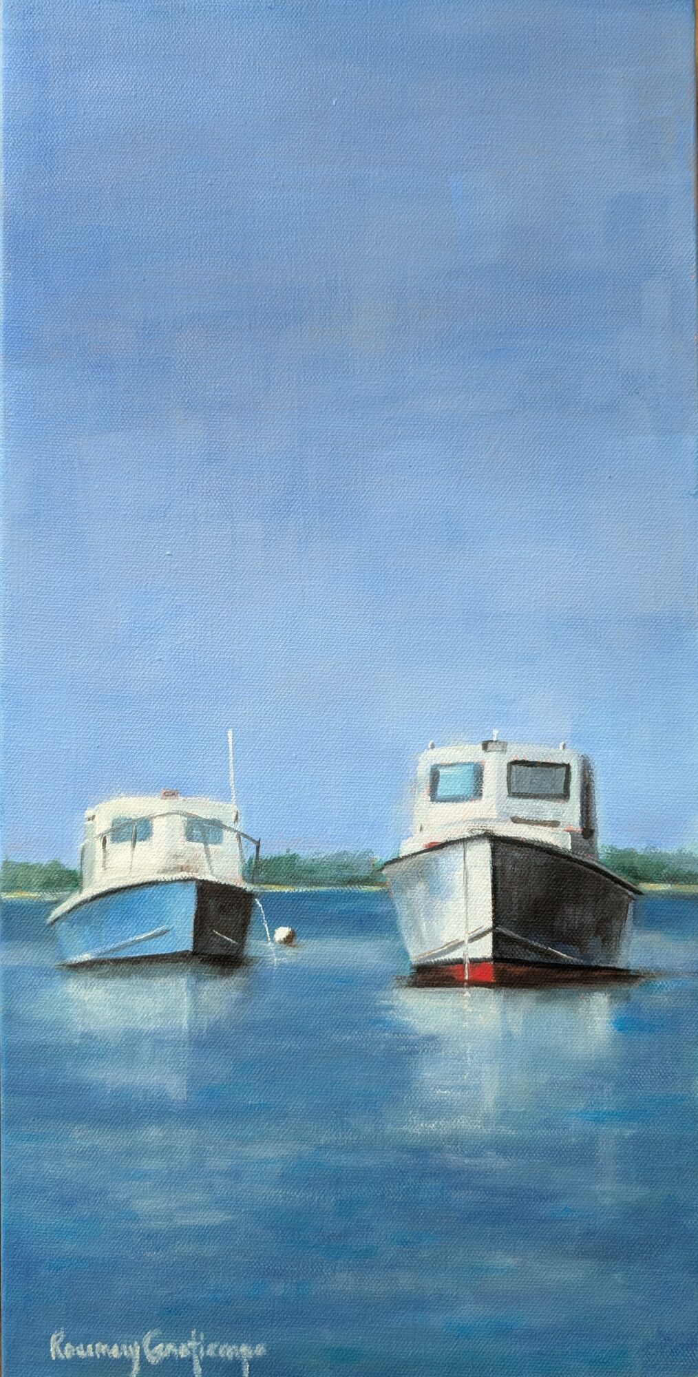 Two boats floating on water under a blue sky, with a distant shoreline, painted in a realistic style.
